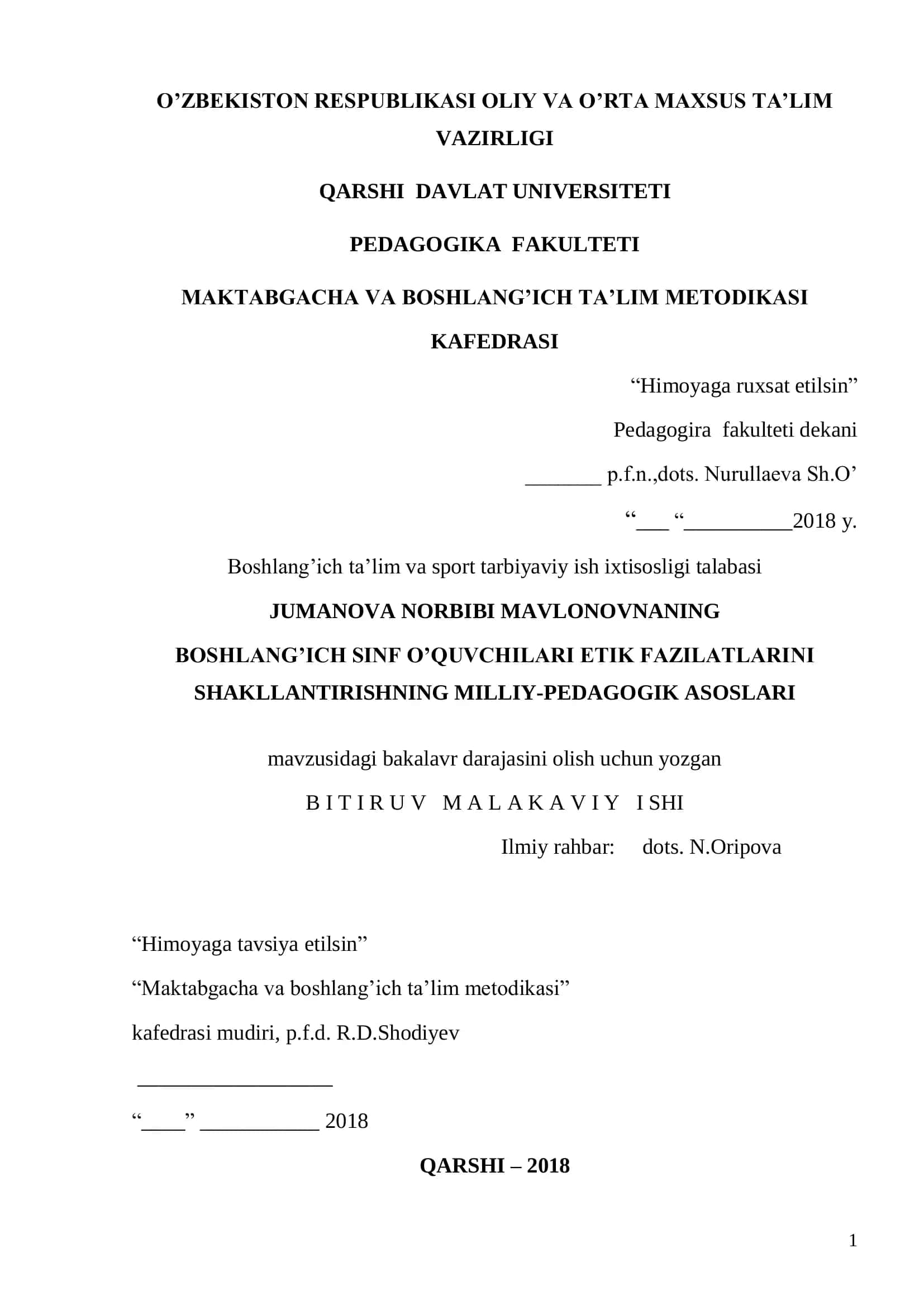 MAKTABGACHA VA BOSHLANG‟ICH TA‟LIM METODIKASI