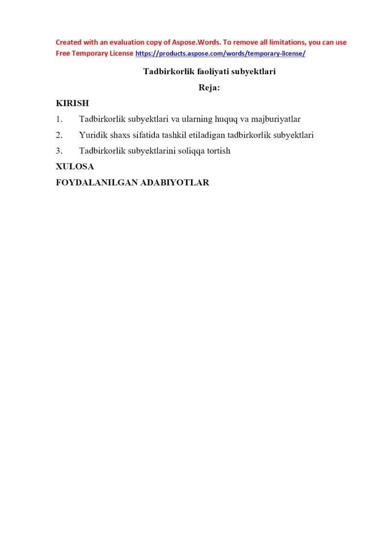 Tadbirkorlik faoliyati subyektlari taqdimoti