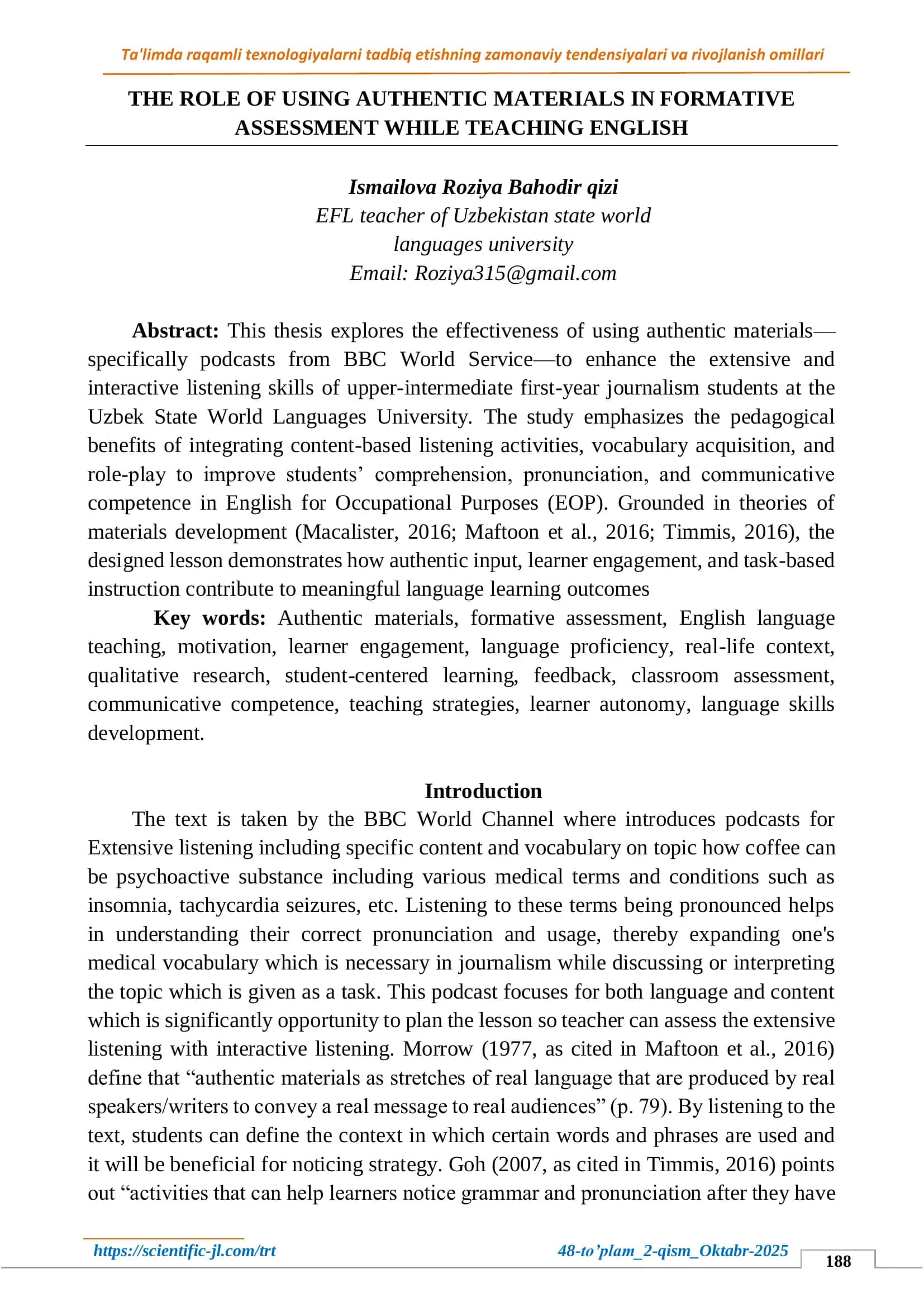 Using Authentic Materials in Formative Assessment for Teaching English