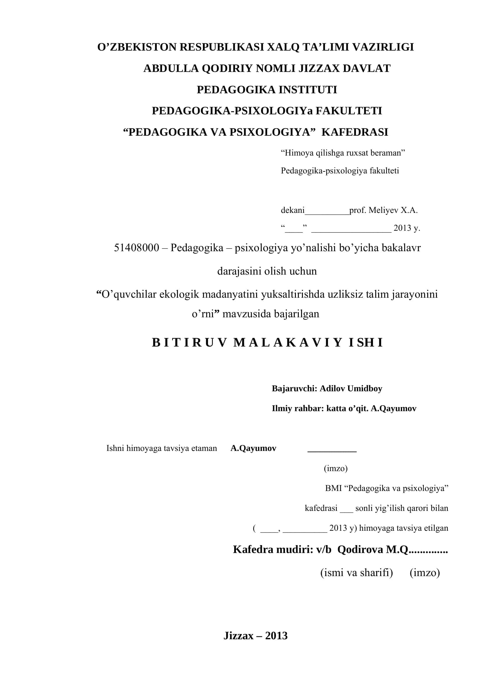 O’quvchilarini talim jarayjinda ekologik madanyatini oshirishning nazariy asoslari
