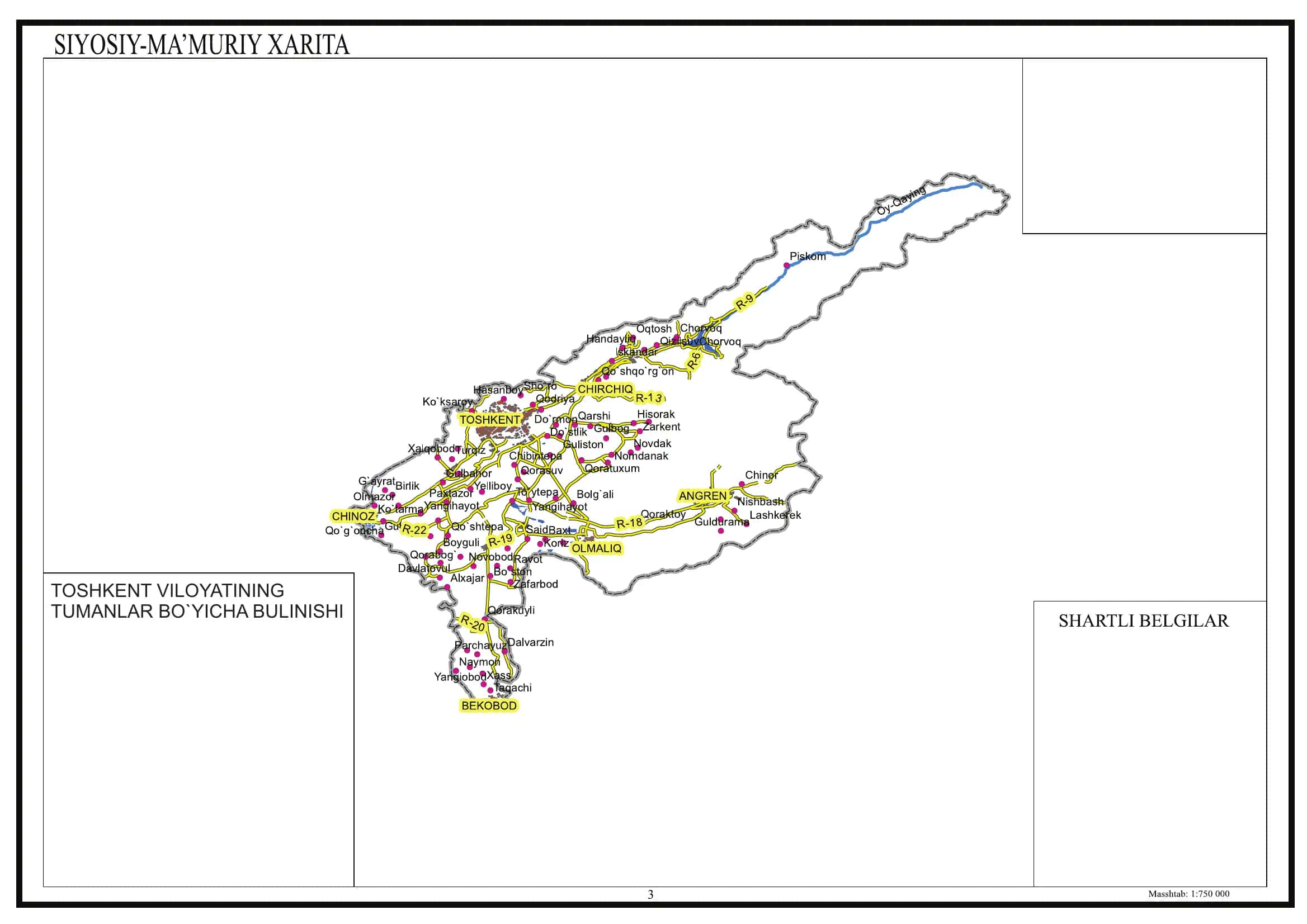 TOSHKENT VILOYATINING TUMANLAR BO`YICHA atlas xaritasi