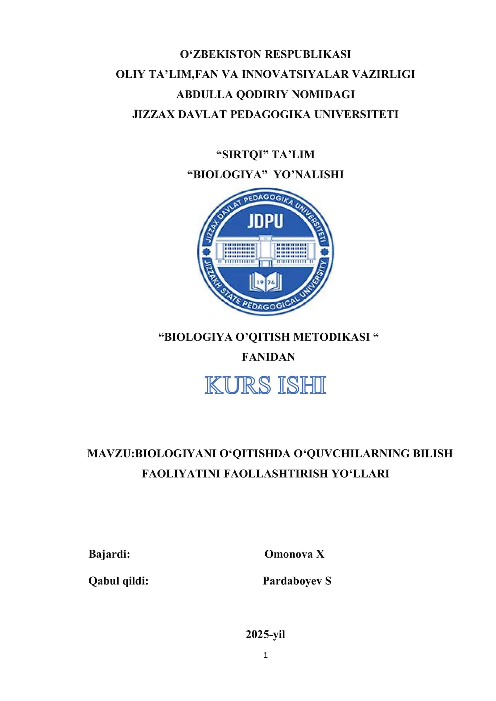 BIOLOGIYA O’QITISH METODIKASI