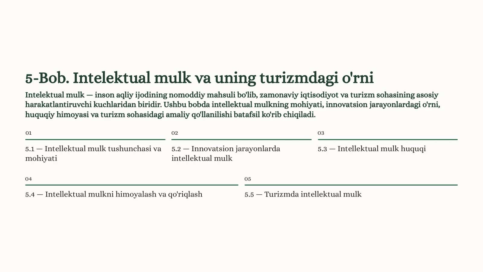 5-Bob. Intelektual mulk va uning turizmdagi o'rni