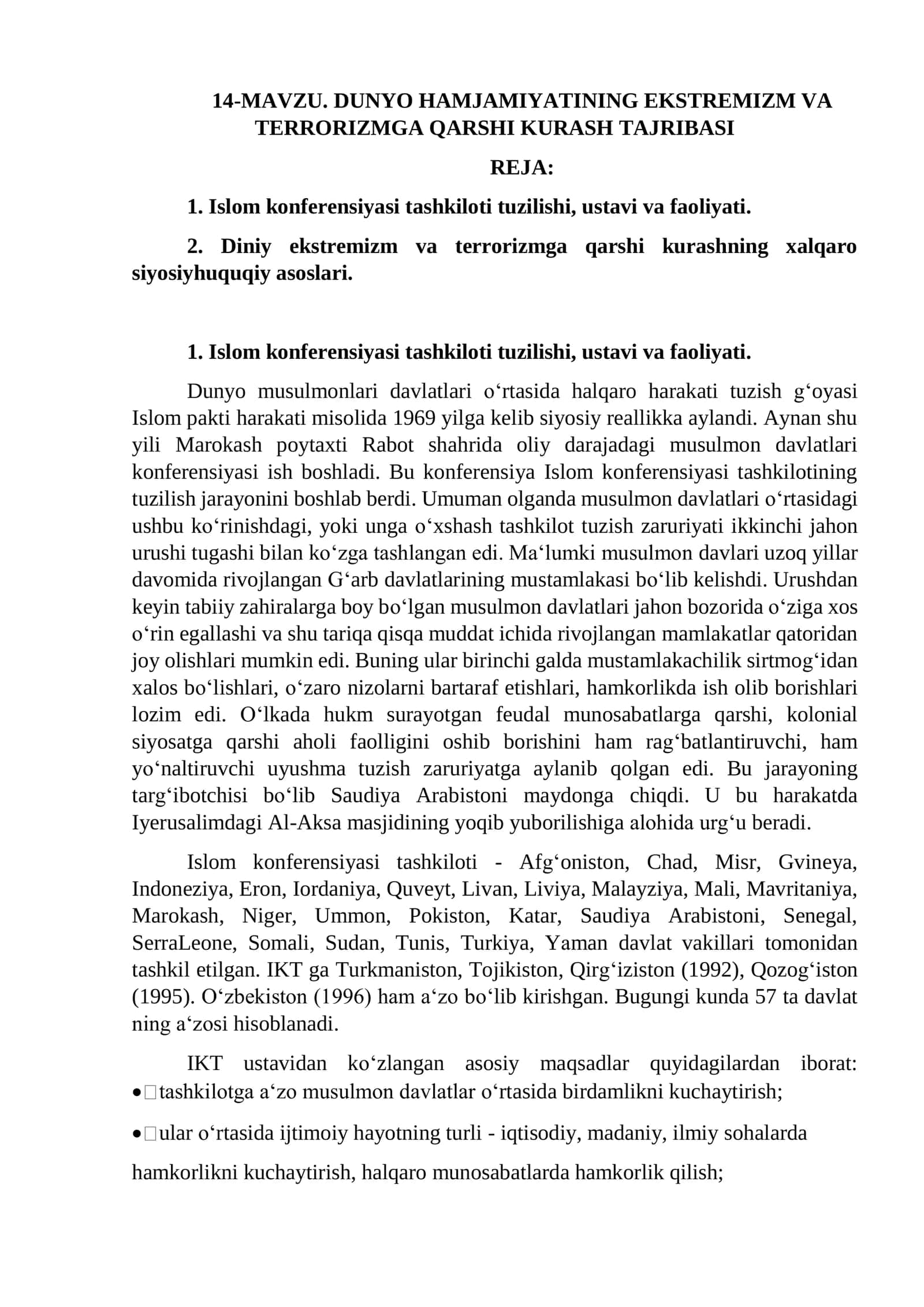 DUNYO HAMJAMIYATINING EKSTREMIZM VA TERRORIZMGA QARSHI KURASH TAJRIBASI