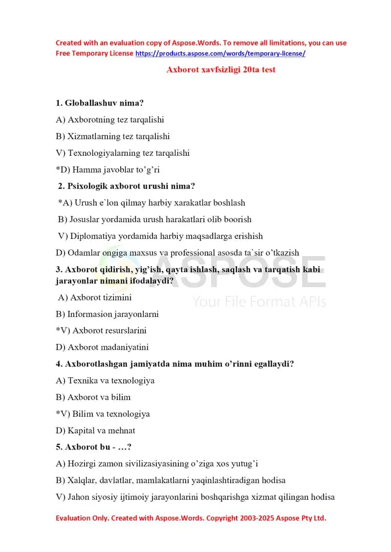Axborot xavfsizligi test