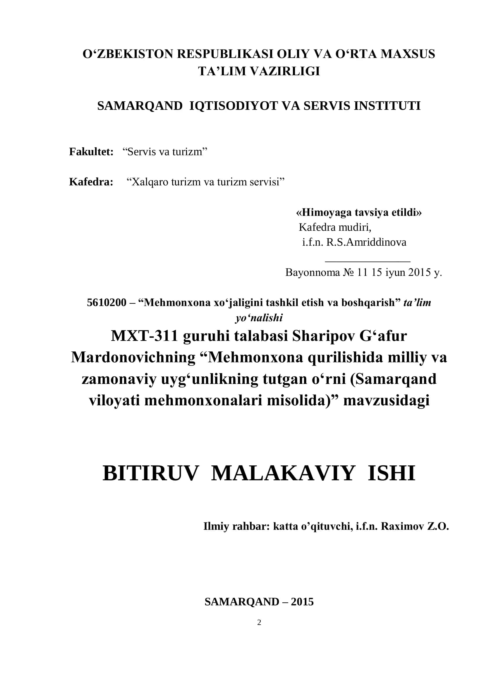 Mehmonxona xo‘jaligini tashkil etish va boshqarish