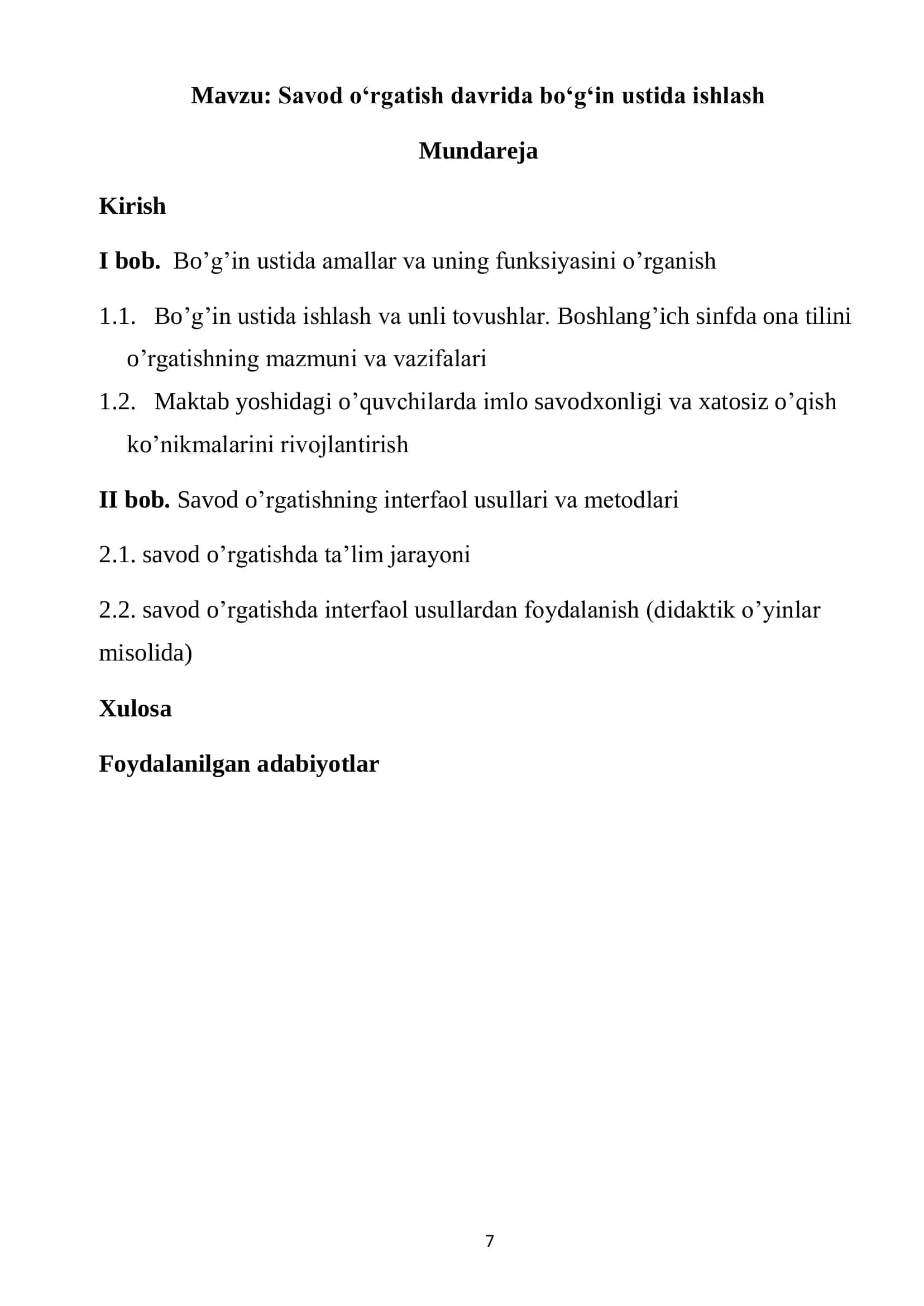 Savod o‘rgatish davrida bo‘g‘in ustida ishlash