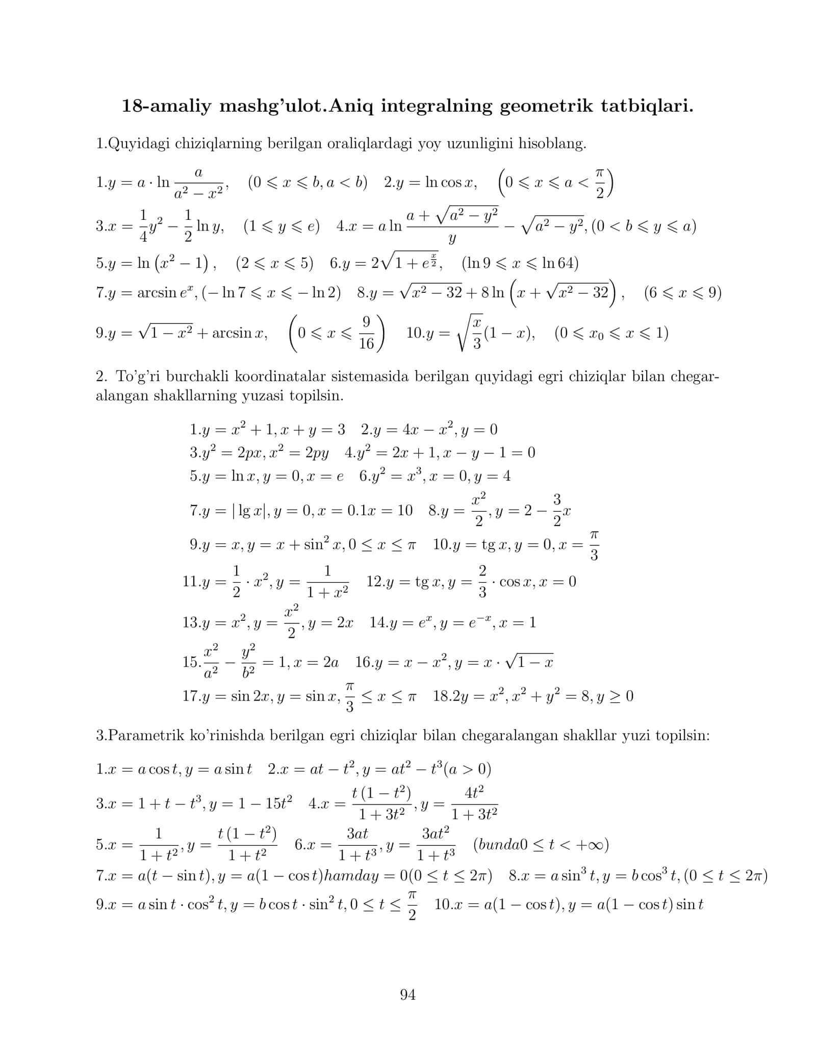 18-amaliy mashg’ulot.Aniq integralning geometrik tatbiqlari