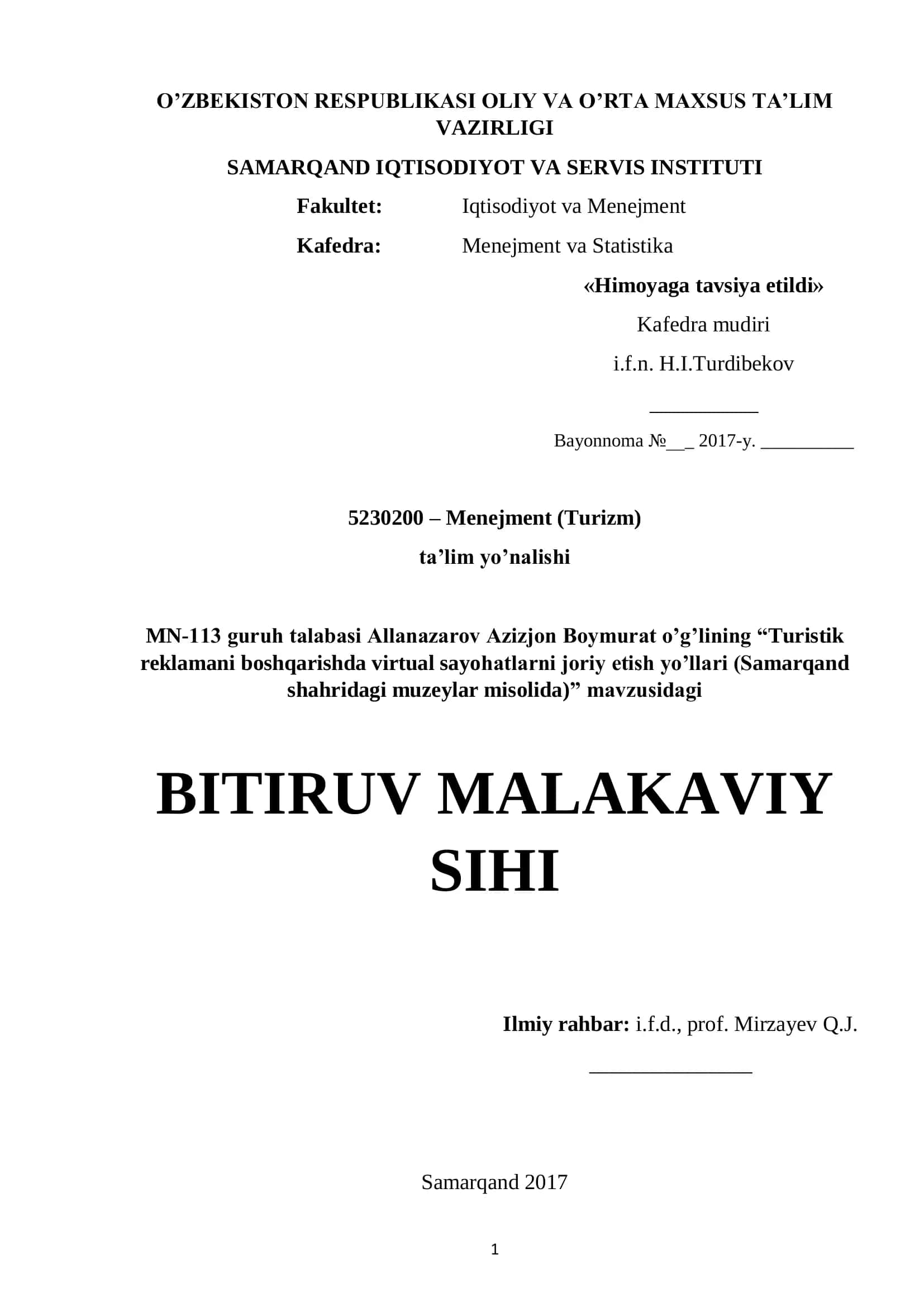 Turistik reklamani boshqarishda virtual sayohatlarni joriy etish yo'llari (Samarqand shahridagi muzeylar misolida)