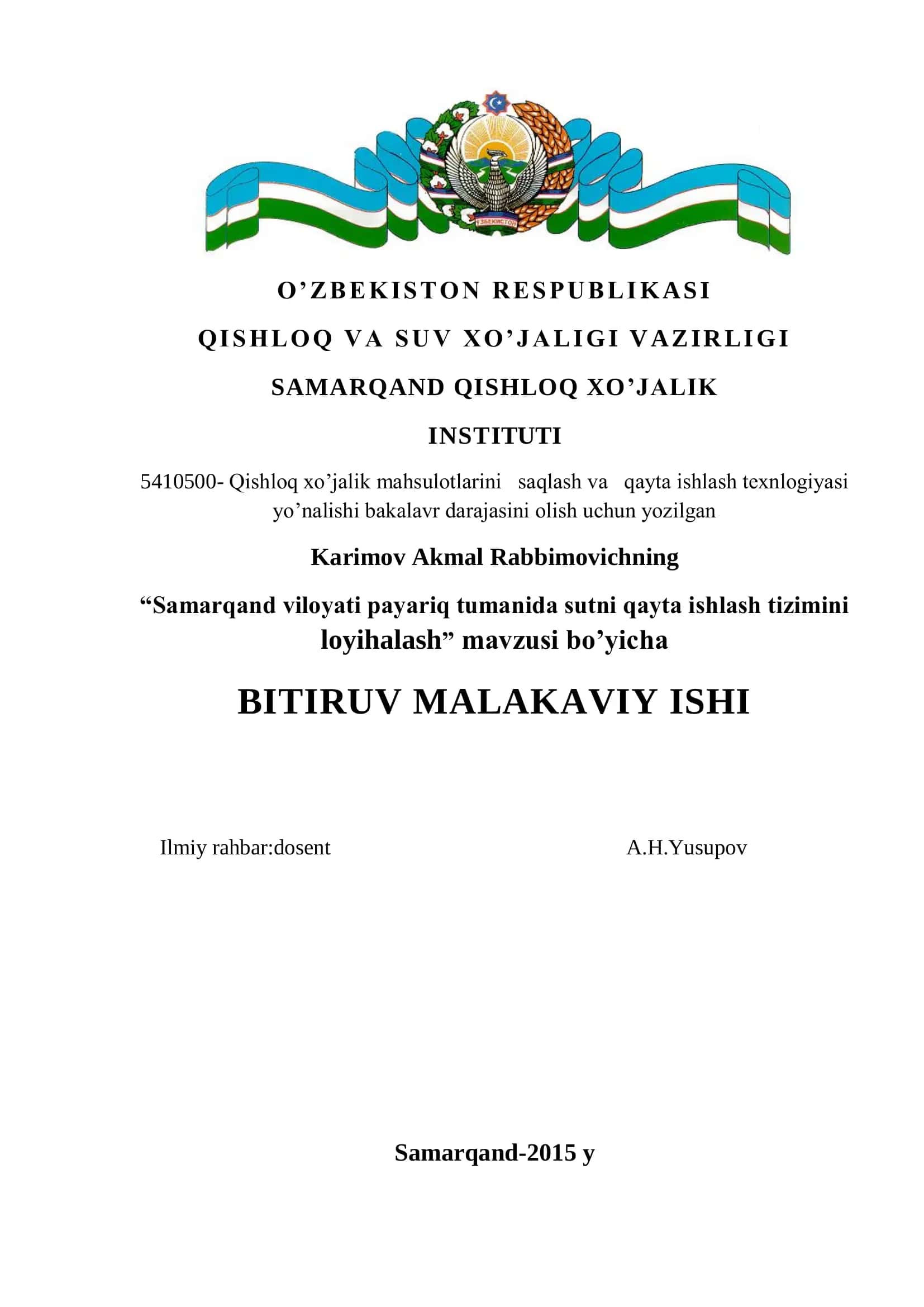 Qishloq xo’jalik mahsulotlarini saqlash va qayta ishlash texnlogiyasi