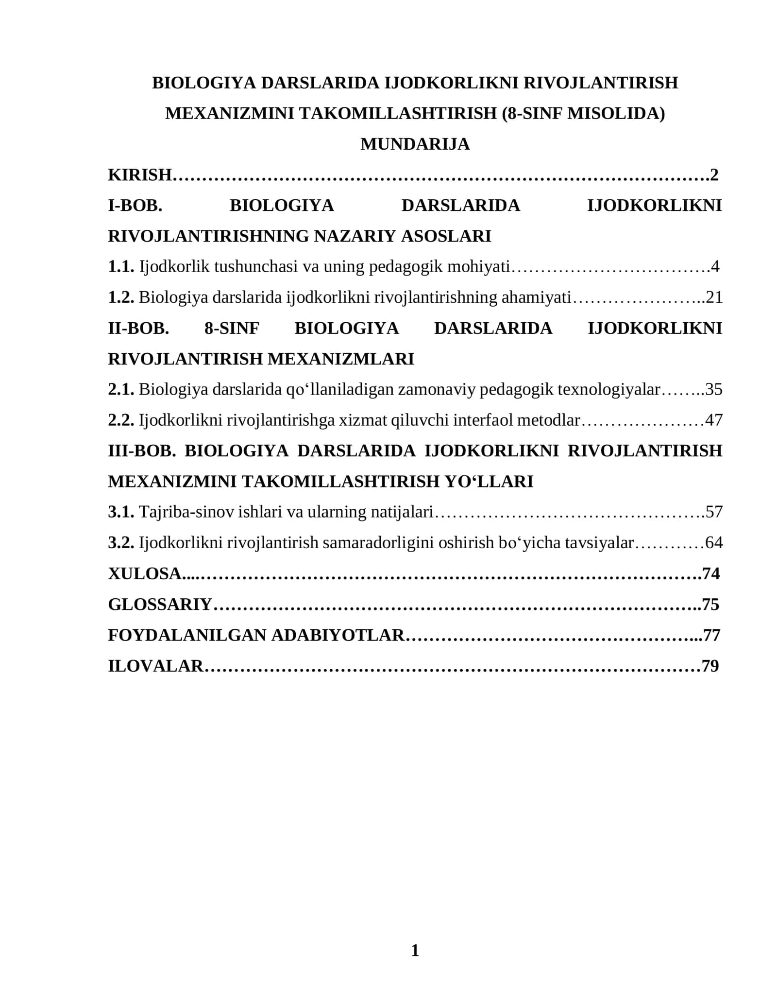 BIOLOGIYA DARSLARIDA IJODKORLIKNI RIVOJLANTIRISH MEXANIZMINI TAKOMILLASHTIRISH (8-SINF MISOLIDA)