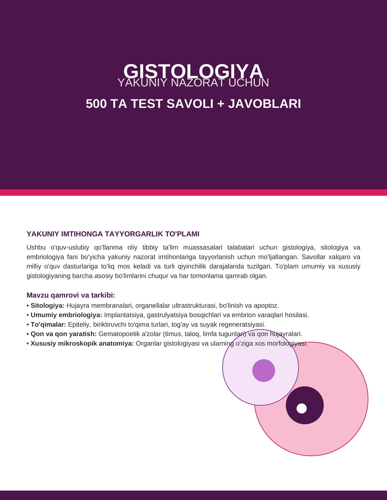 Gistologiya — yakuniy nazorat uchun 500 ta test savoli + javoblari
