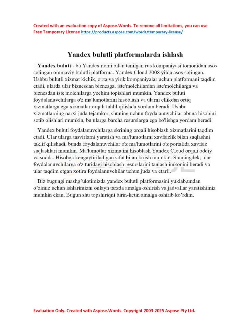 Yandex bulutli platformalarda ishlash