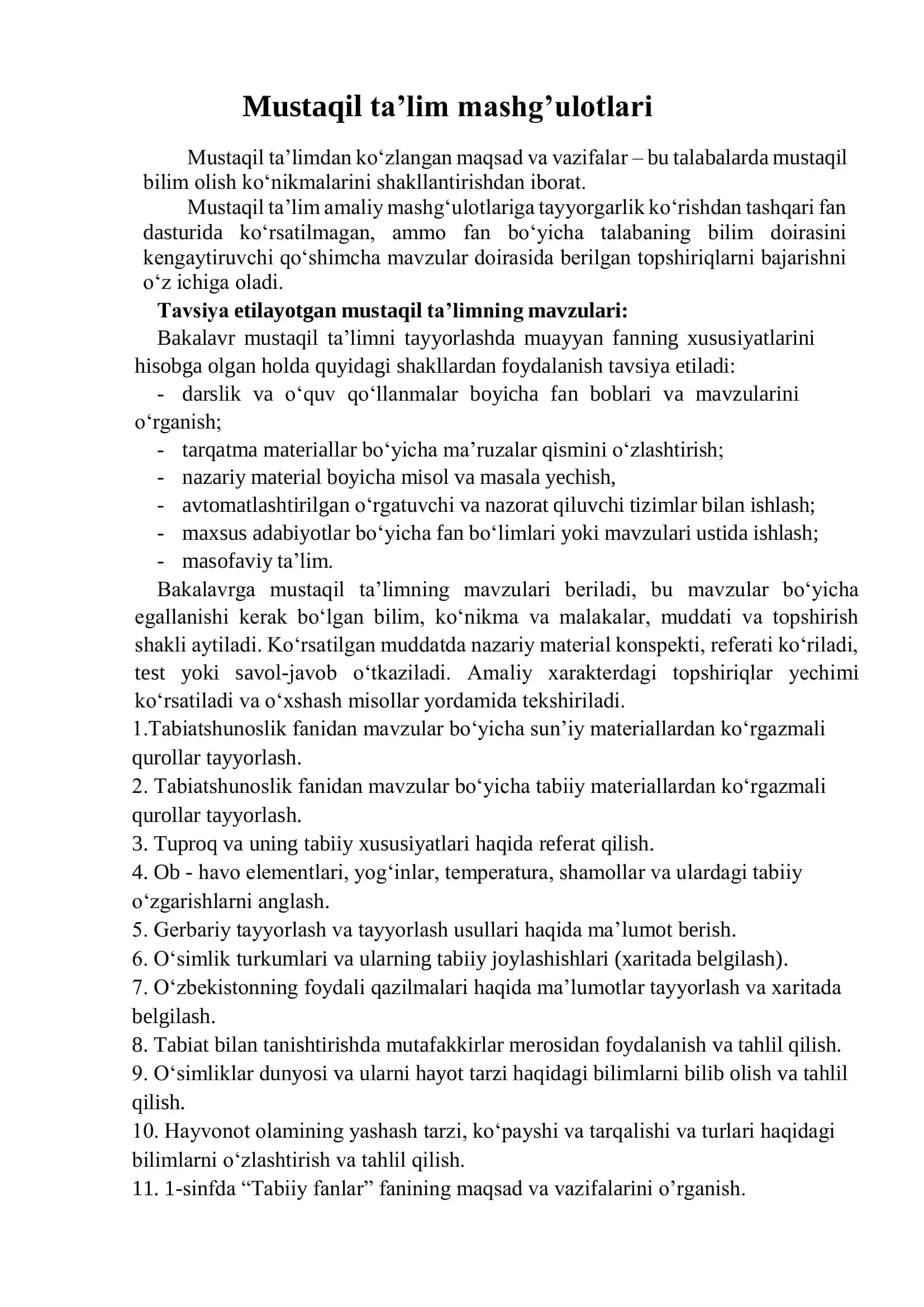 Mustaqil ta’lim mashg’ulotlari