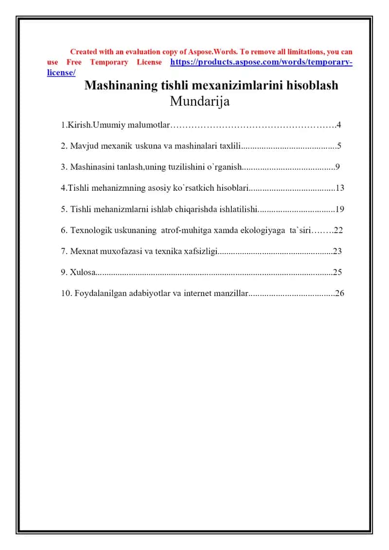 Mashinaning tishli mexanizimlarini hisoblash