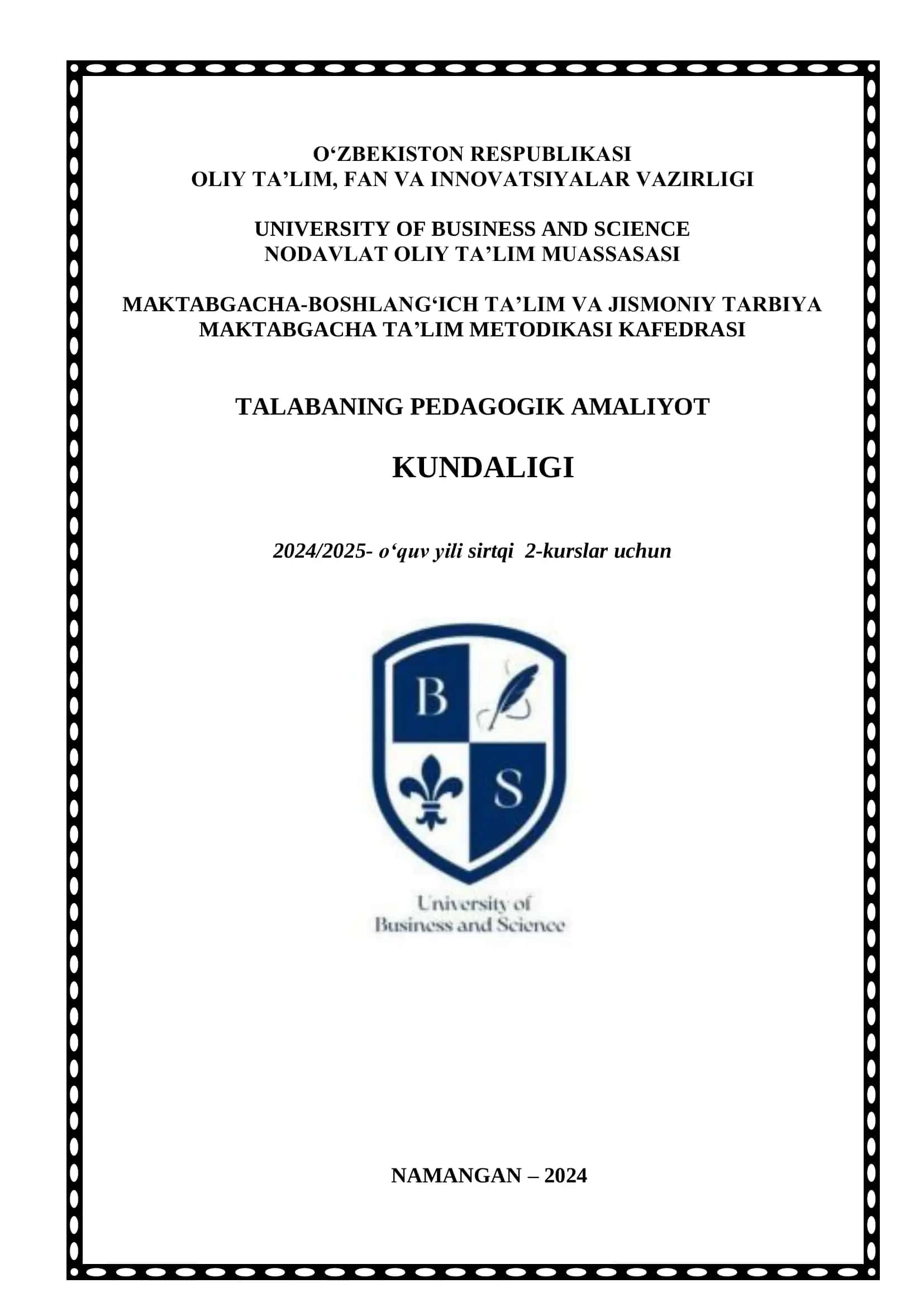 Pedagogik amaliyotni qayd etish bo‘yicha KUNDALIK DAFTARI