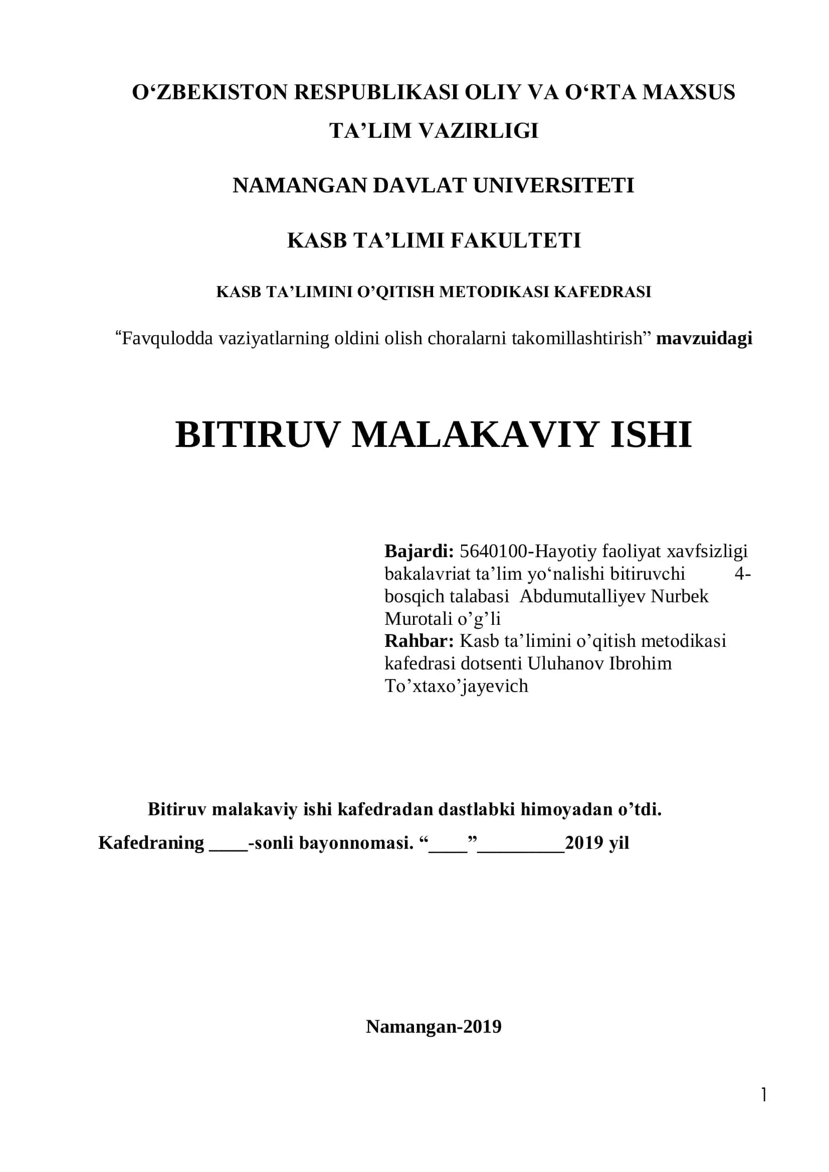Bitiruv malakaviy ishi "Favqulodda vaziyatlarning oldini olish choralarni takomillashtirish"
