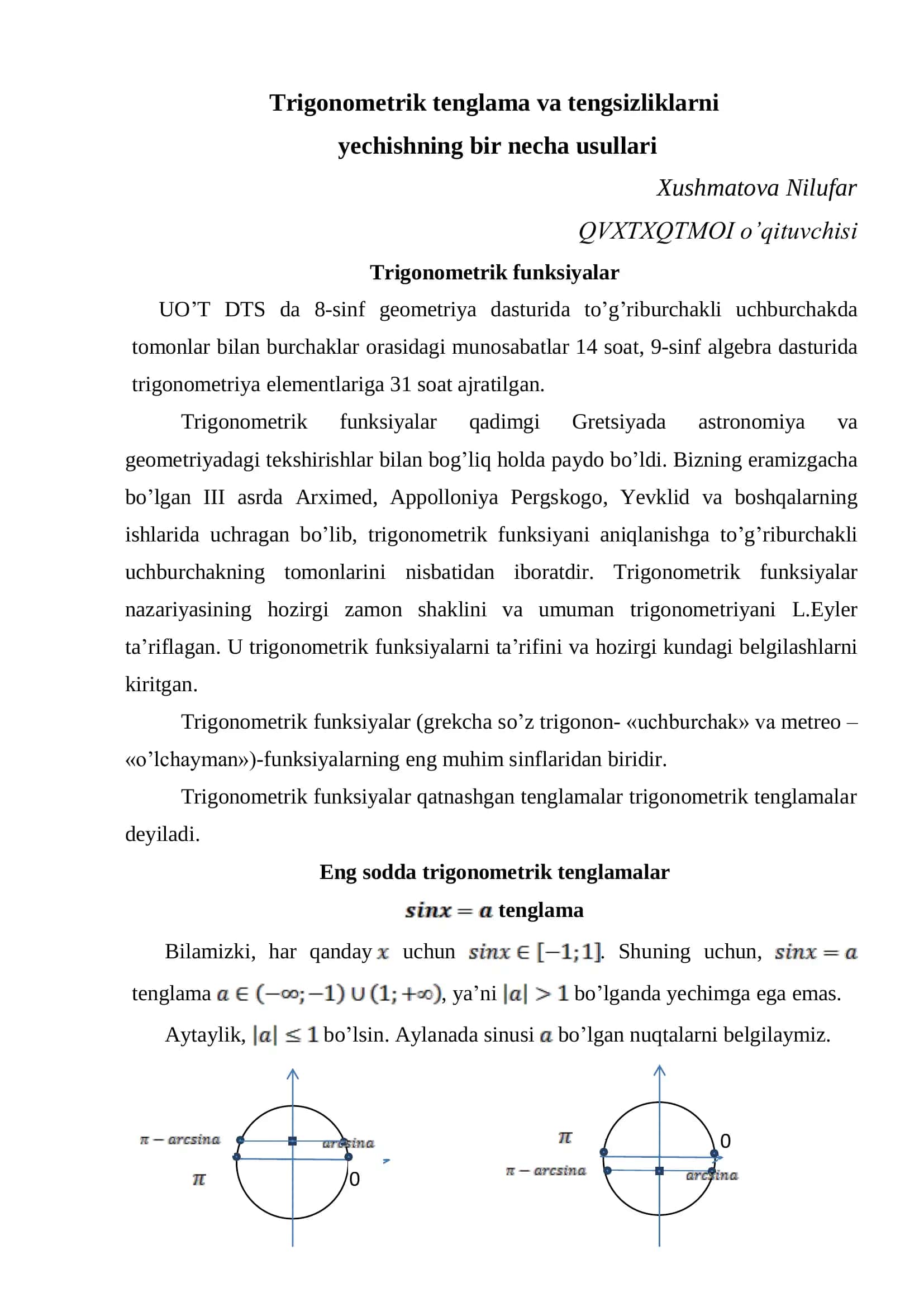 Trigonometrik tenglama va tengsizliklarni yechishning bir necha usullari