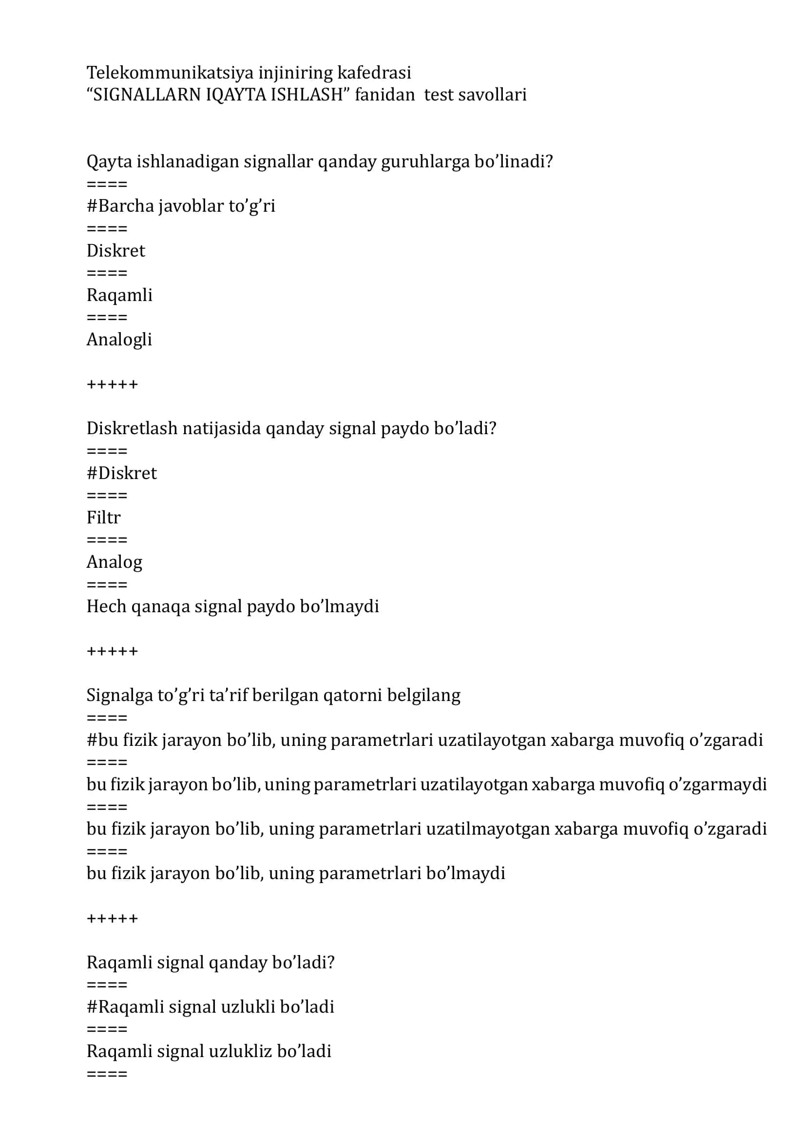 Signallarni qayta ishlash test savollari javoblari