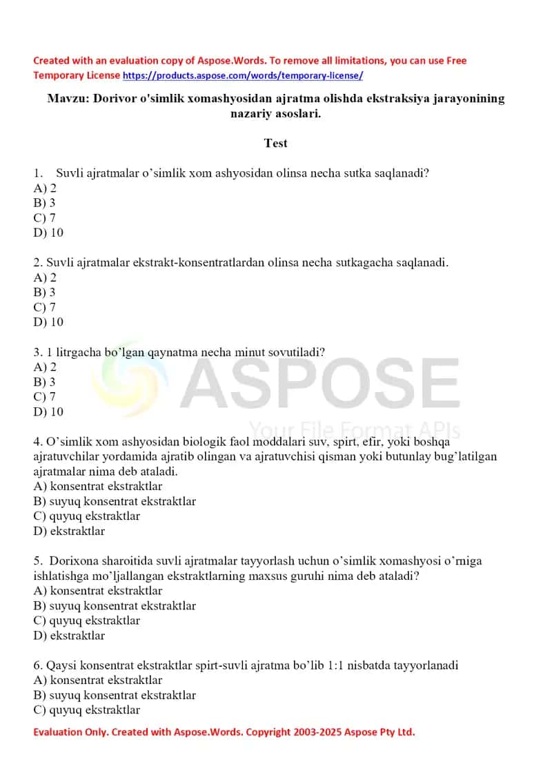 Dorivor o'simlik xomashyosidan ajratma olishda ekstraksiya jarayonining nazariy asoslari.Test 10 ta.