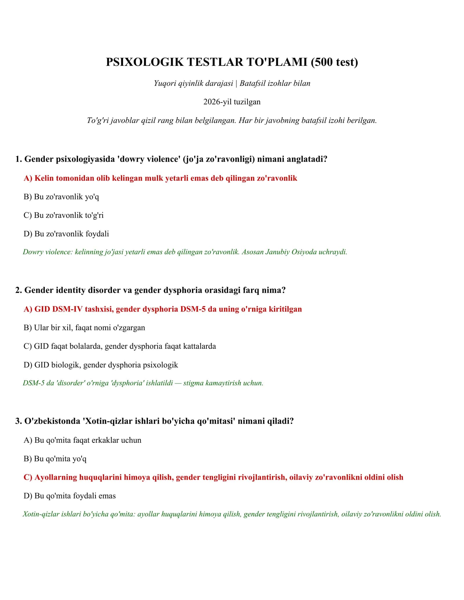PSIXOLOGIK TESTLAR TO'PLAMI (500 test)