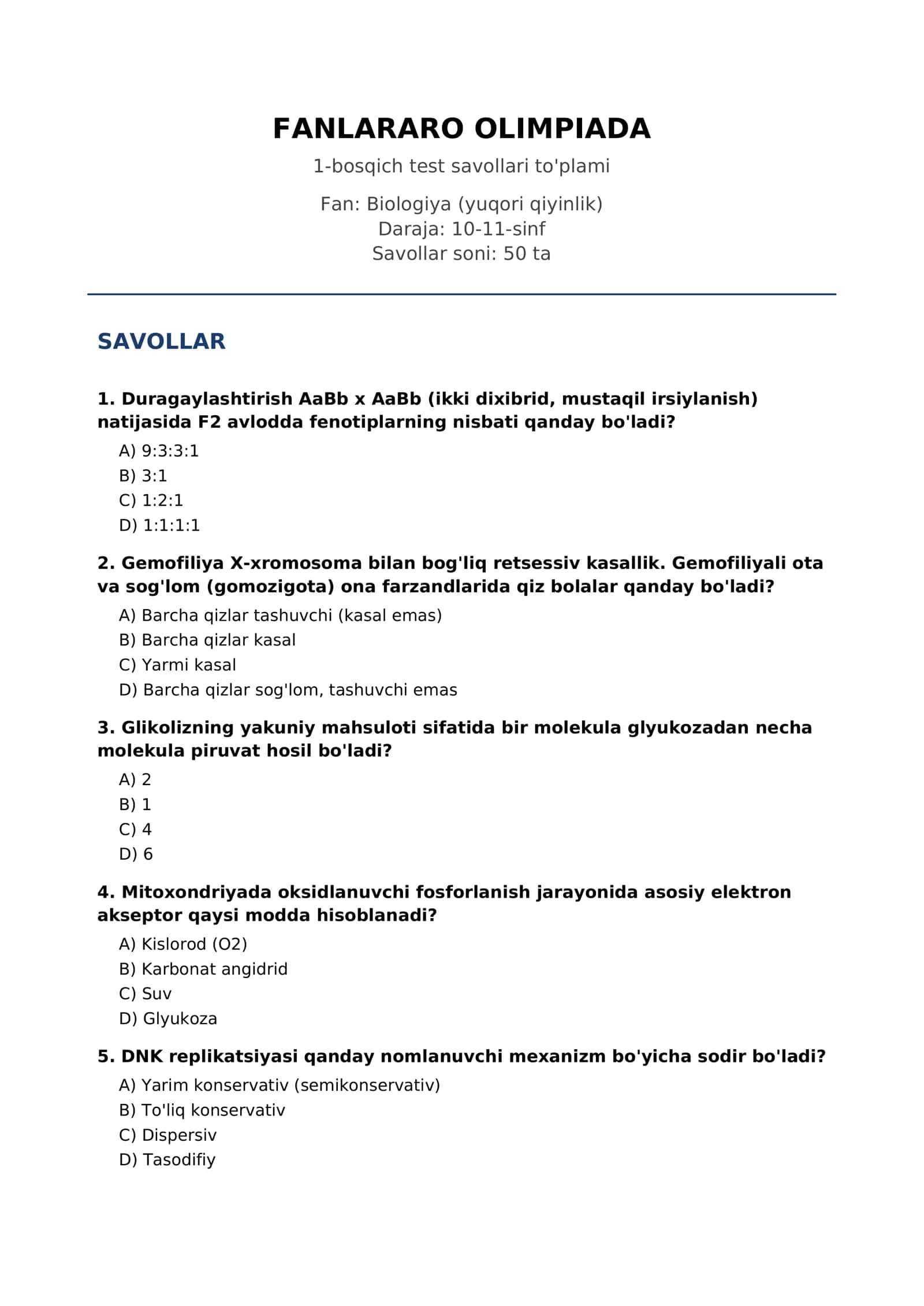 FANLARARO OLIMPIADA 1-bosqich test savollari to'plami