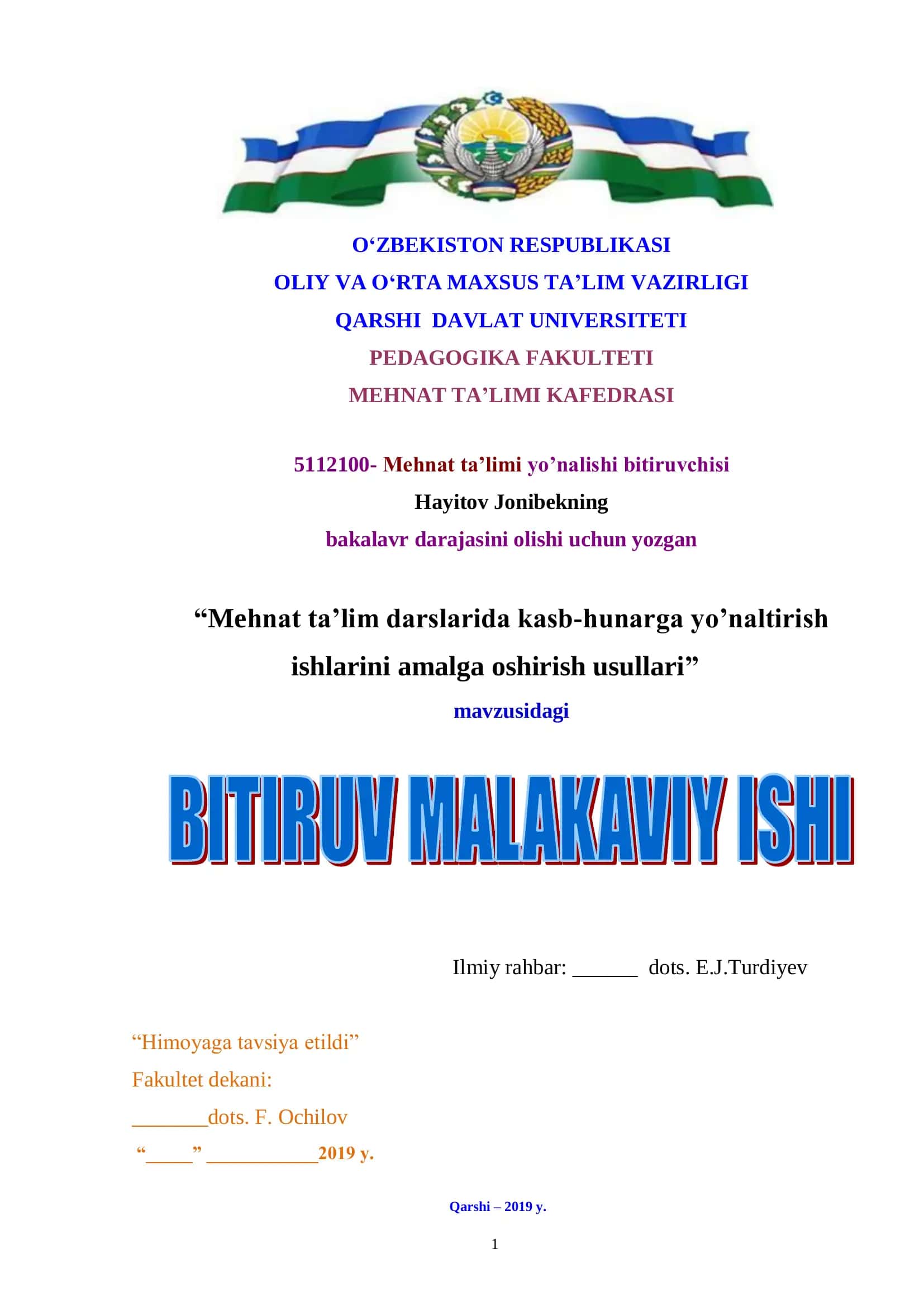 Mehnat ta’lim darslarida kasb-hunarga yo’naltirish ishlarini amalga oshirish usullari