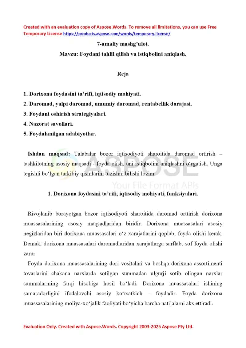Foydani tahlil qilish va istiqbolini aniqlash. 7-amaliy mashg’ulot. 8 bet.