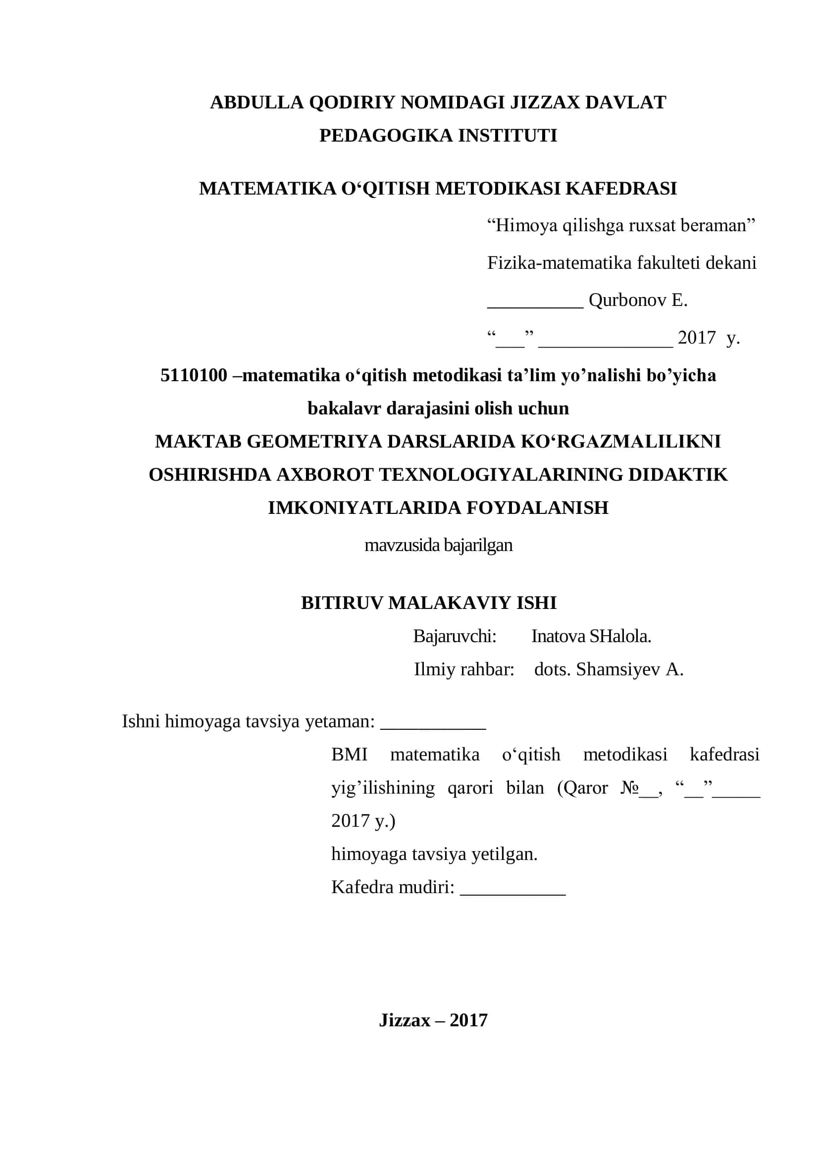 MATEMATIKA O‘QITISH METODIKASI KAFEDRASI