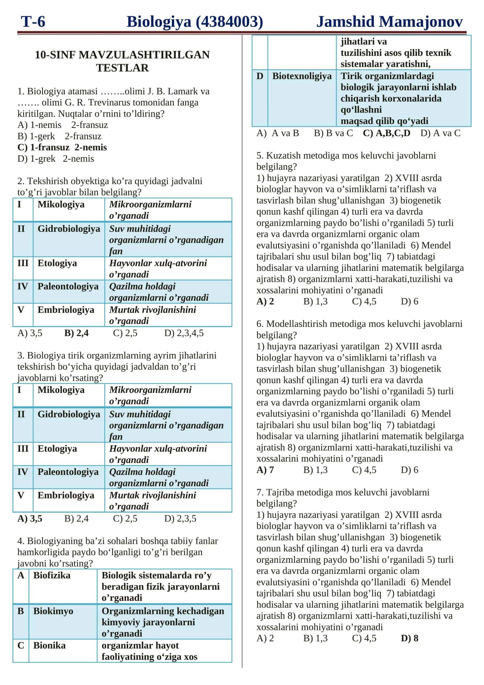 10-SINF MAVZULASHTIRILGAN TESTLAR