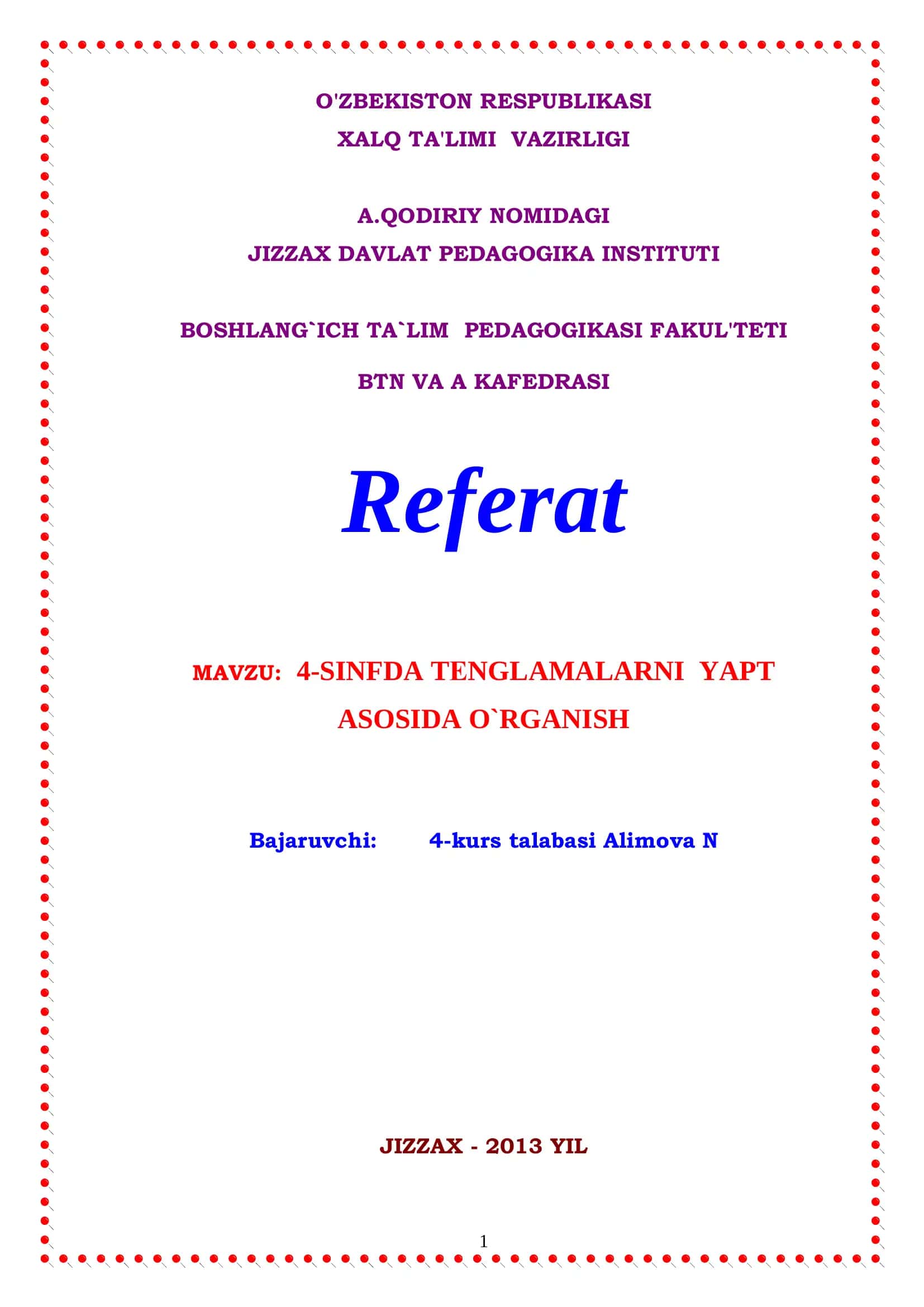 4-SINFDA TЕNGLAMALARNI YAPT ASOSIDA O`RGANISH