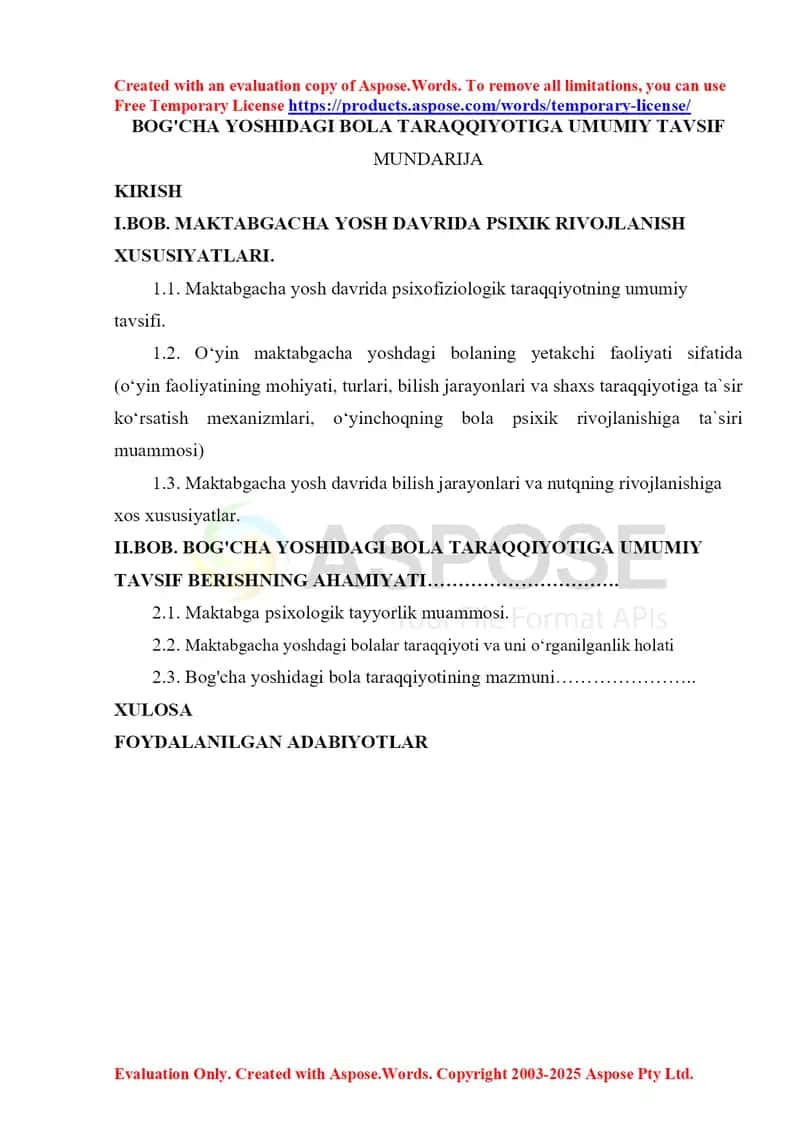 Kurs ishi: Bog‘cha yoshidagi bola taraqqiyotini umumiy tavsif