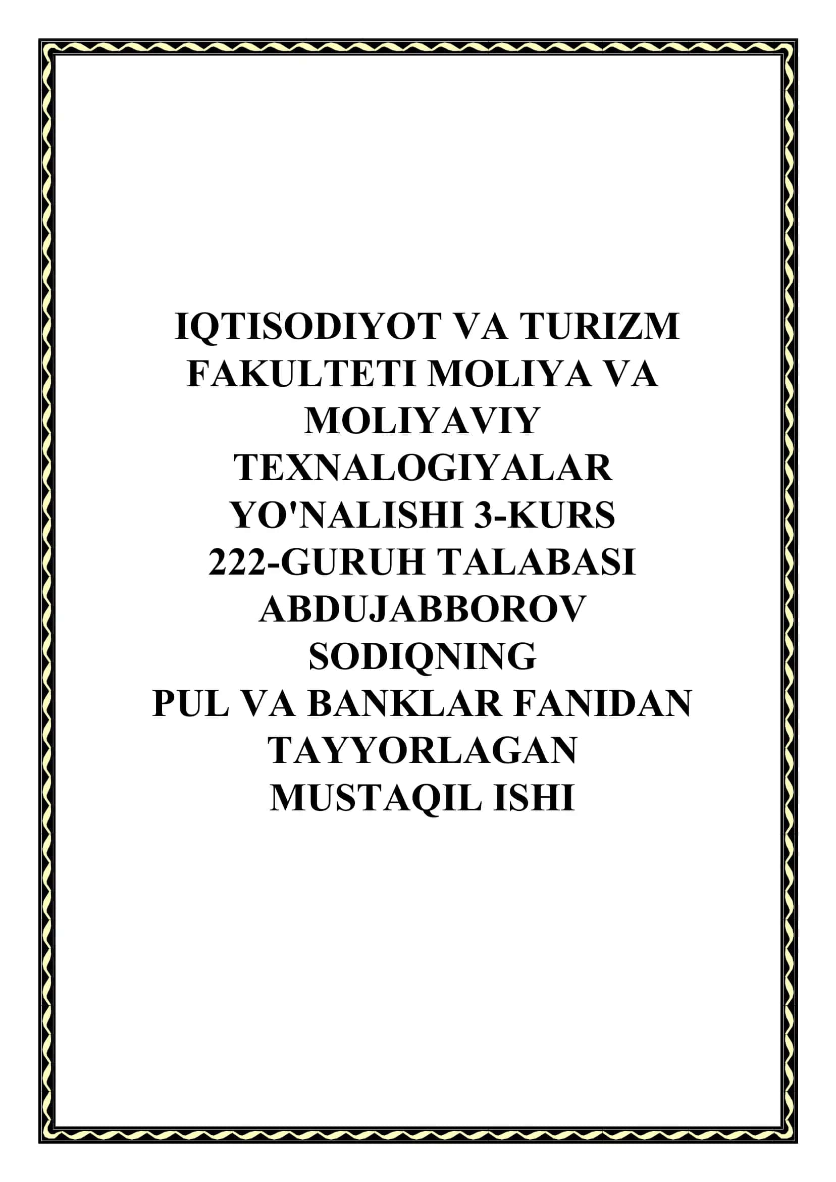 Pul va Banklar Fanidan Tayyorlagan Mustaqil Ishi