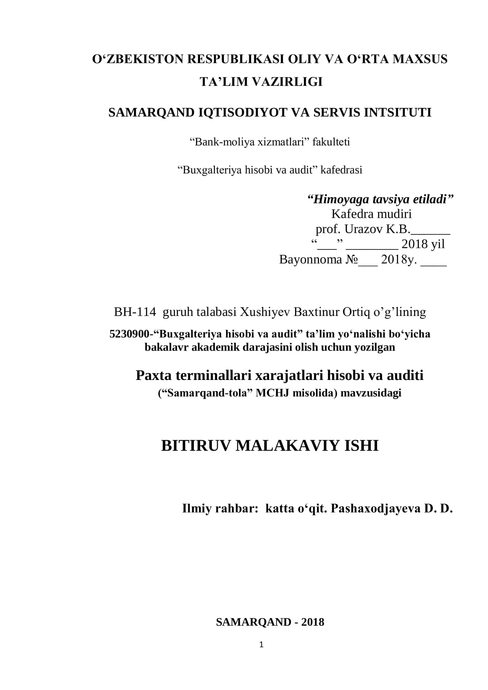 Paxta terminallari xarajatlari hisobi va auditi