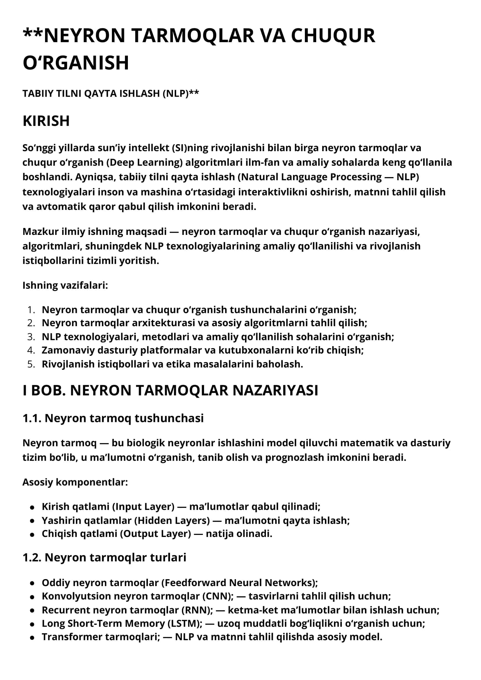 NEYRON TARMOQLAR VA CHUQUR O‘RGANISH TABIIY TILNI QAYTA ISHLASH (NLP)