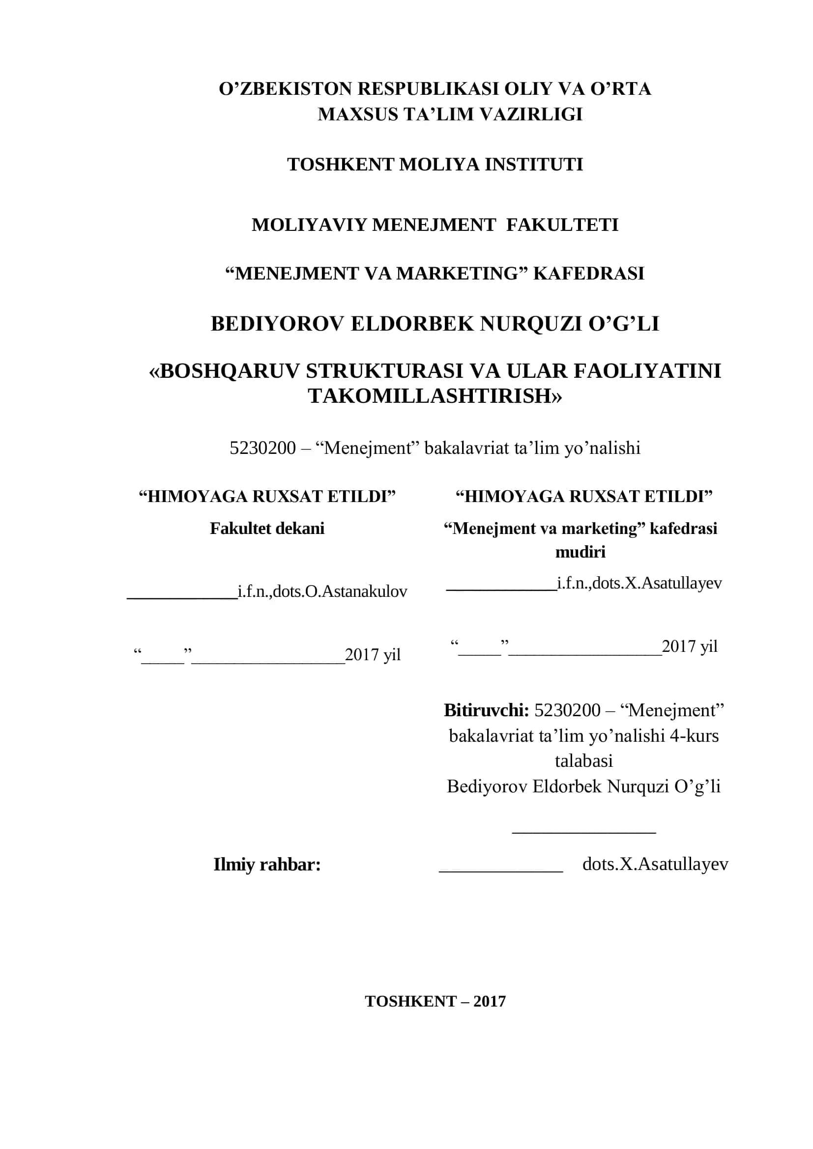 BOSHQARUV STRUKTURASI VA ULAR FAOLIYATINI TAKOMILLASHTIRISH