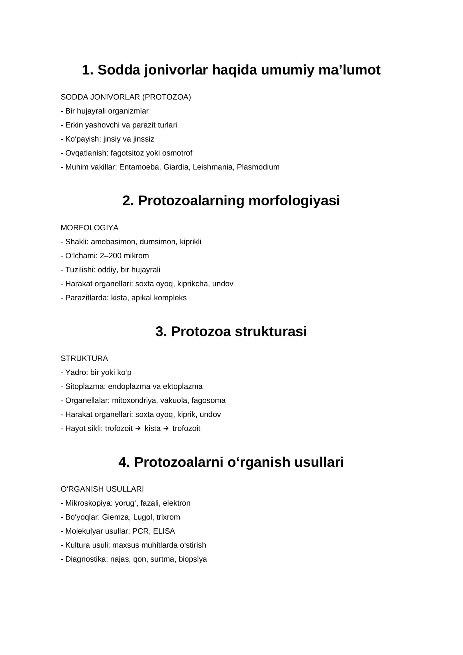 Sodda jonivorlar haqida umumiy ma’lumot