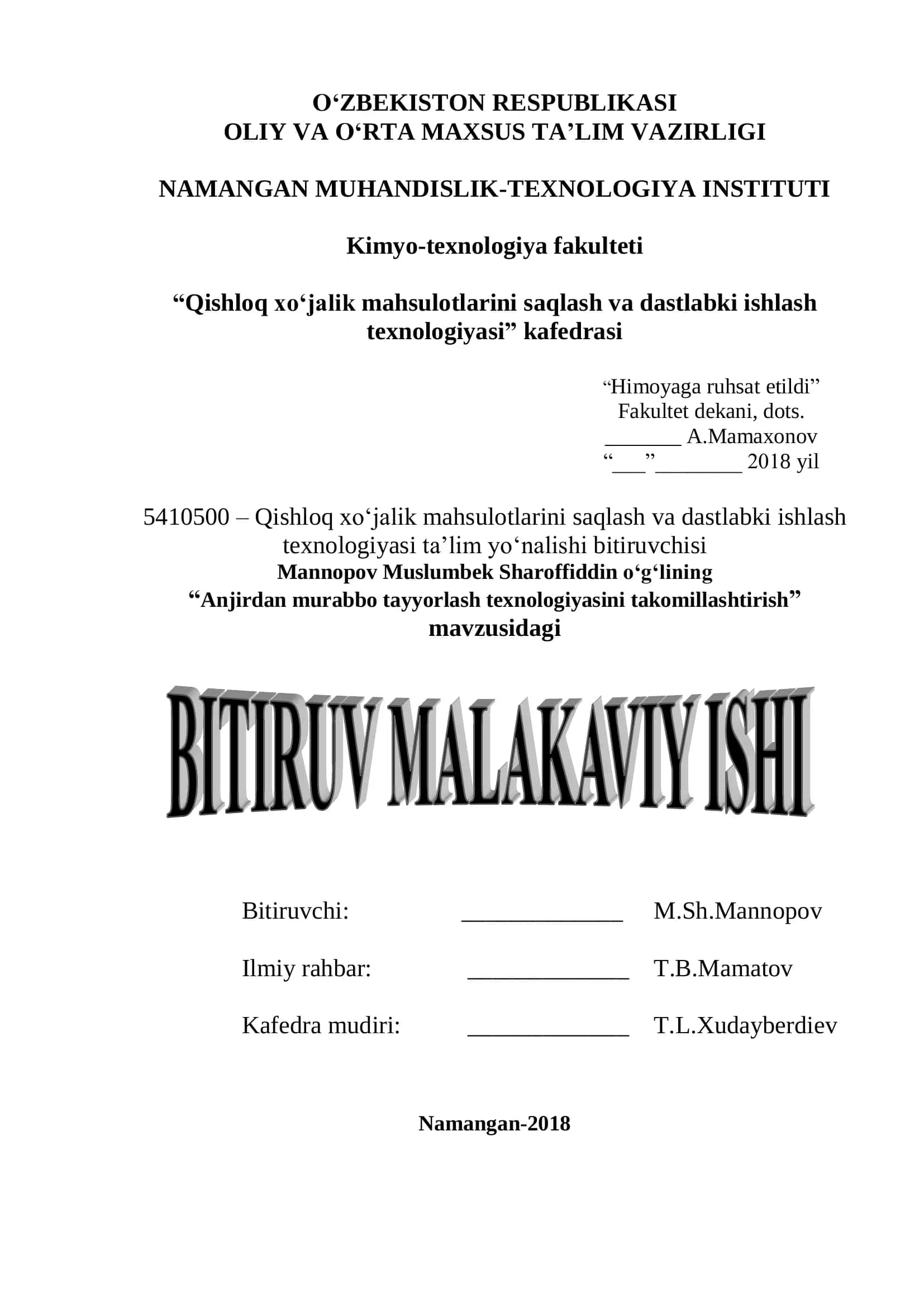 Qishloq xo‘jalik mahsulotlarini saqlash va dastlabki ishlash texnologiyasi ta’lim yo‘nalishi