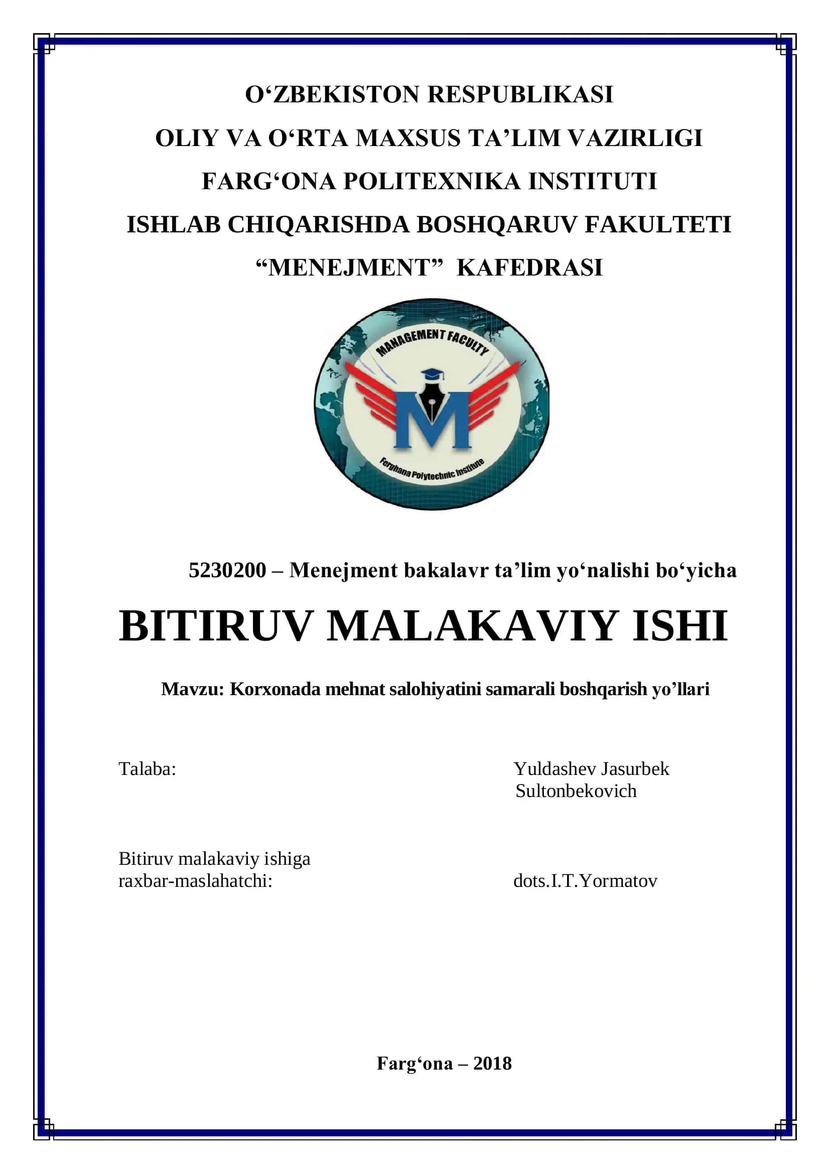Menejment bakalavr ta’lim yo‘nalishi bo‘yicha BITIRUV MALAKAVIY ISHI