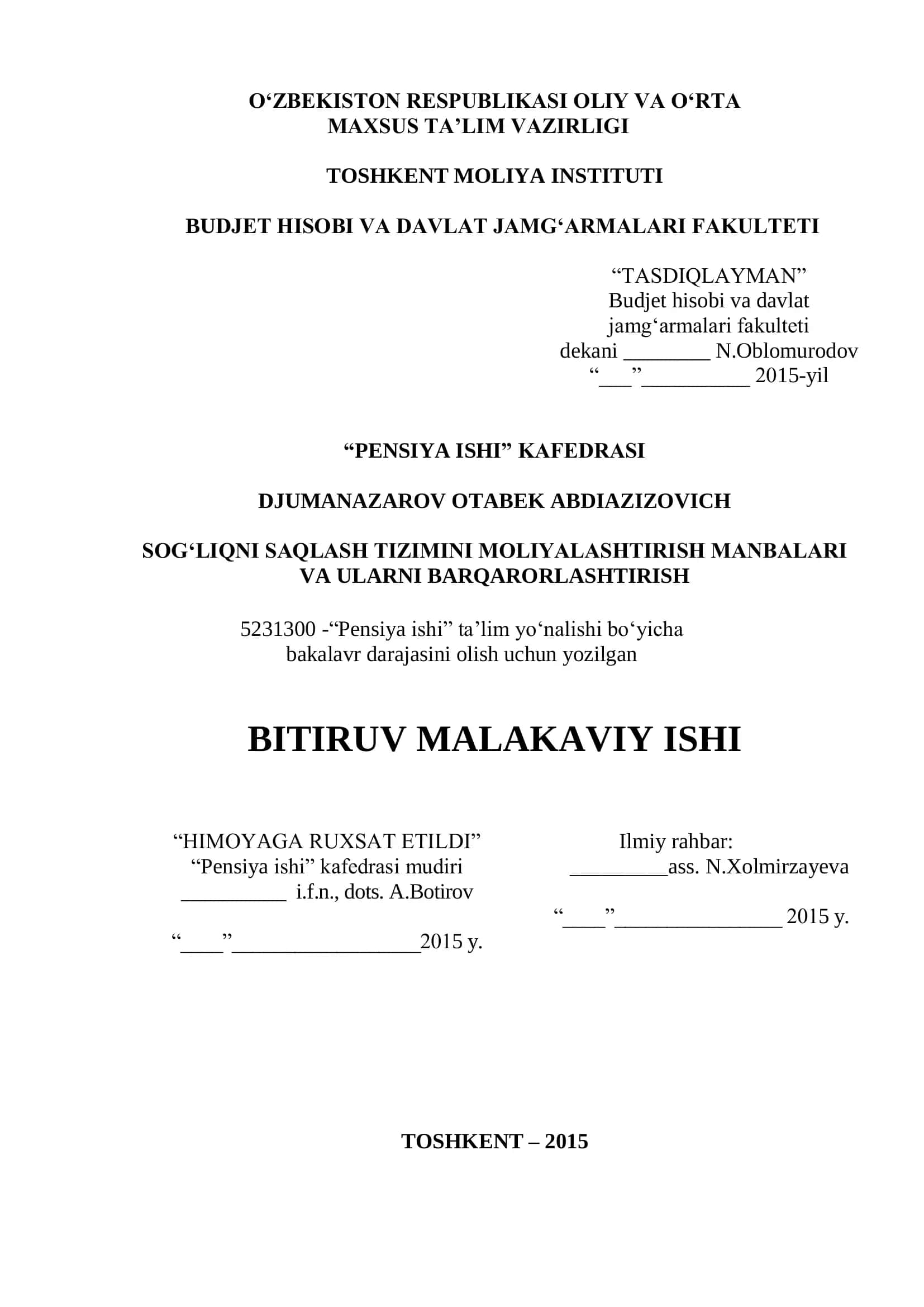Barqaror rivojlanish uchun pensiya ishi va sog'liqni saqlash tizimini optimallashtirish manbalari bo
