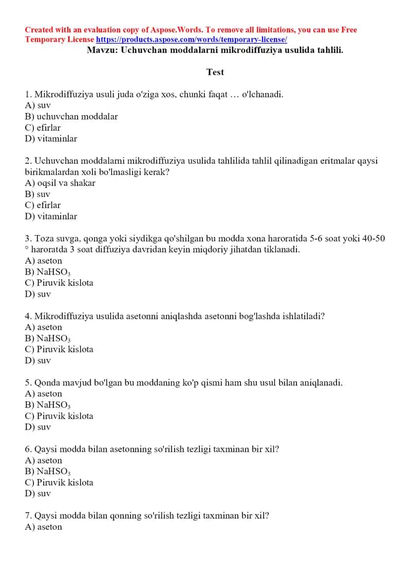 8. Uchuvchan moddalarni mikrodiffuziya usulida tahlili. Test, 10 ta