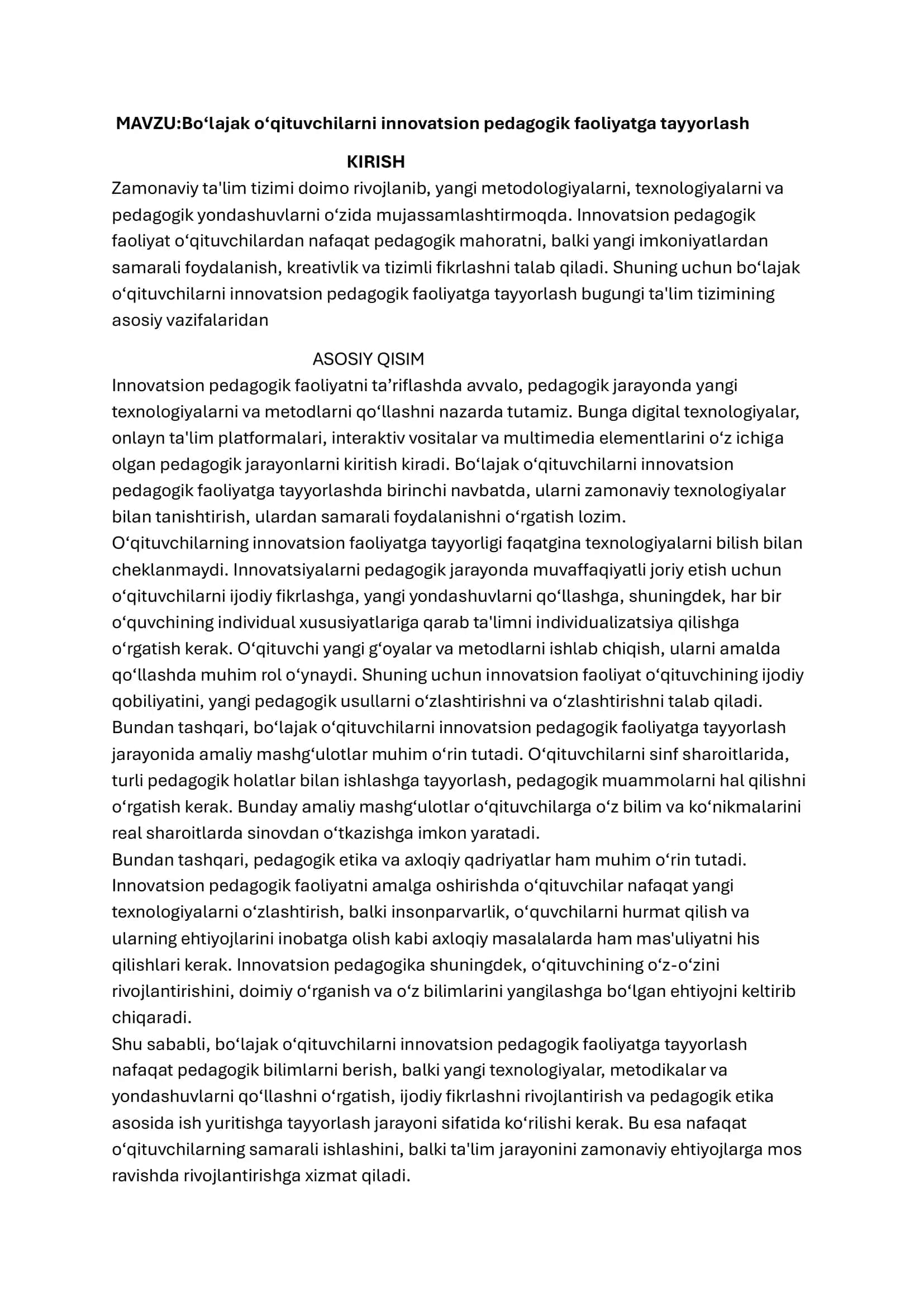 Bo‘lajak o‘qituvchilarni innovatsion pedagogik faoliyatga tayyorlash