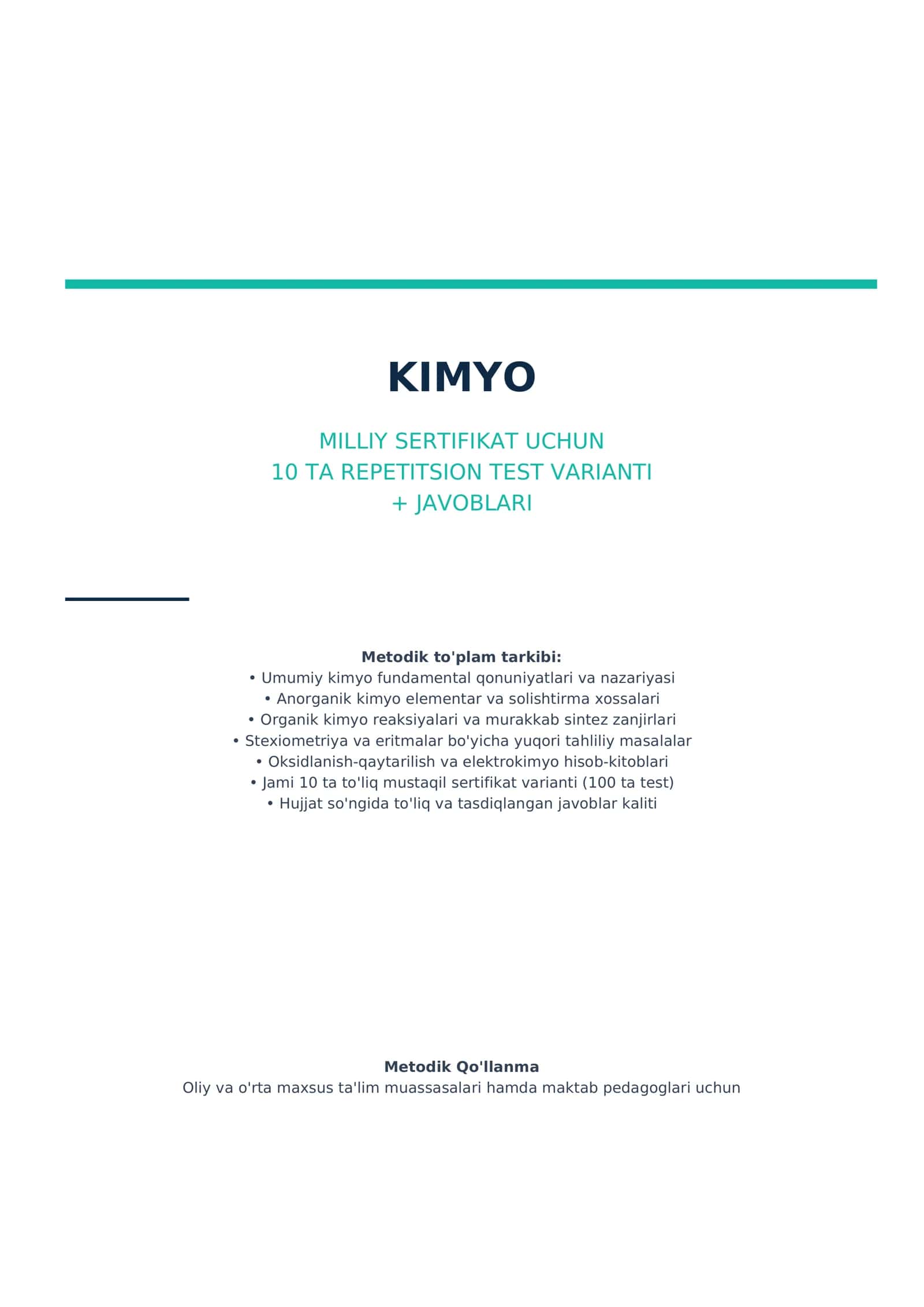 Kimyo — Milliy sertifikat uchun 10 ta repetitsion test varianti + javoblari