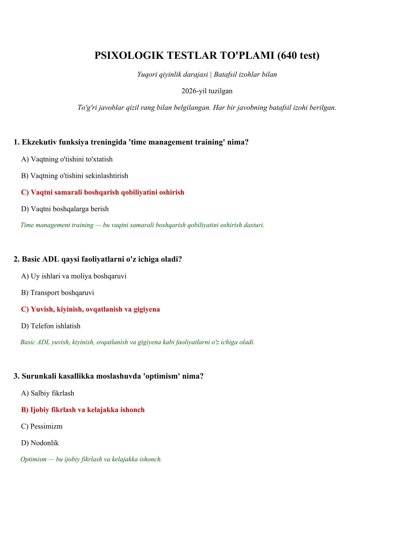 PSIXOLOGIK TESTLAR TO'PLAMI (640 test)