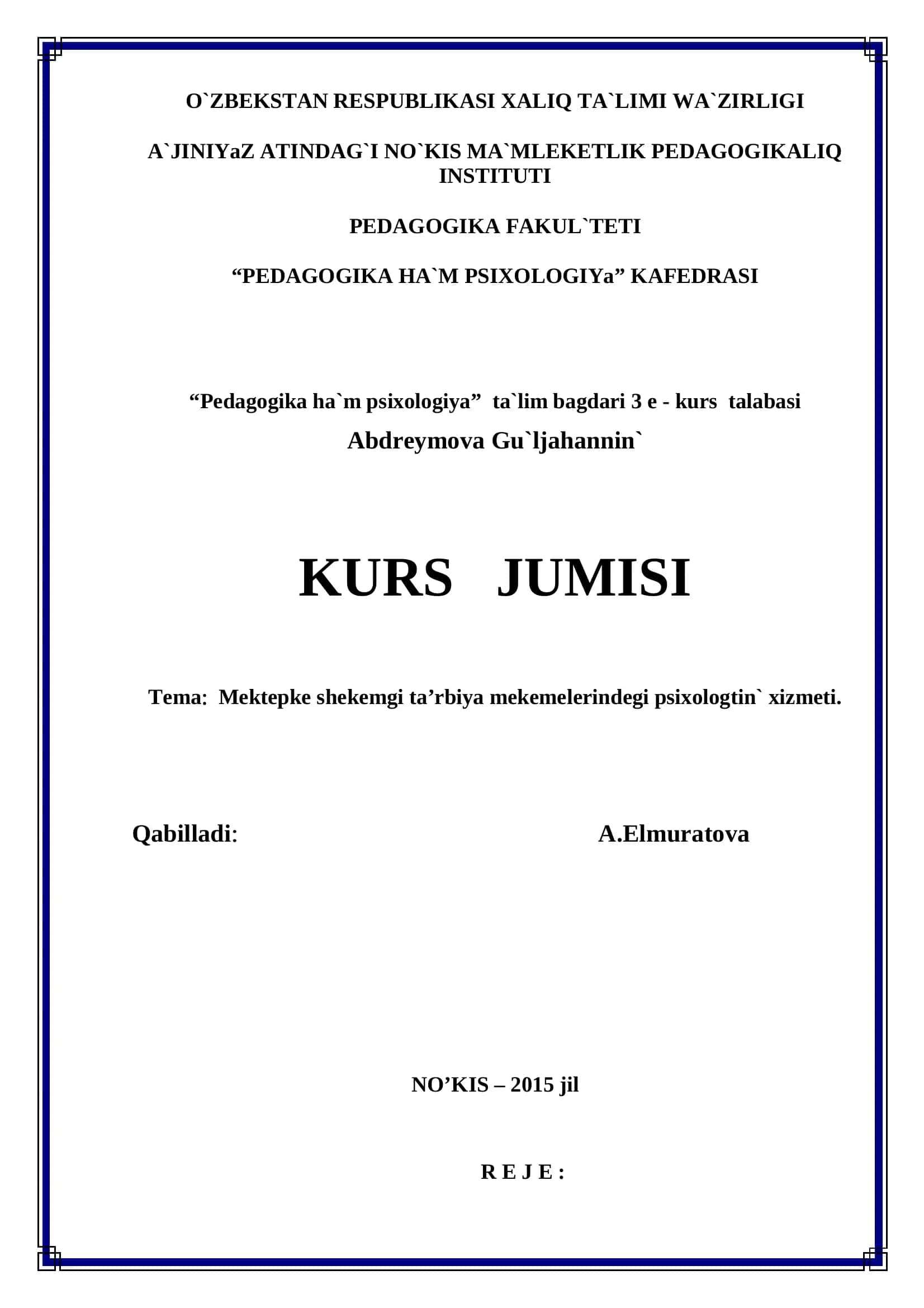 Mektepke Shekemgi Ta'lim Mekemelerinde Psixologtin Xizmeti