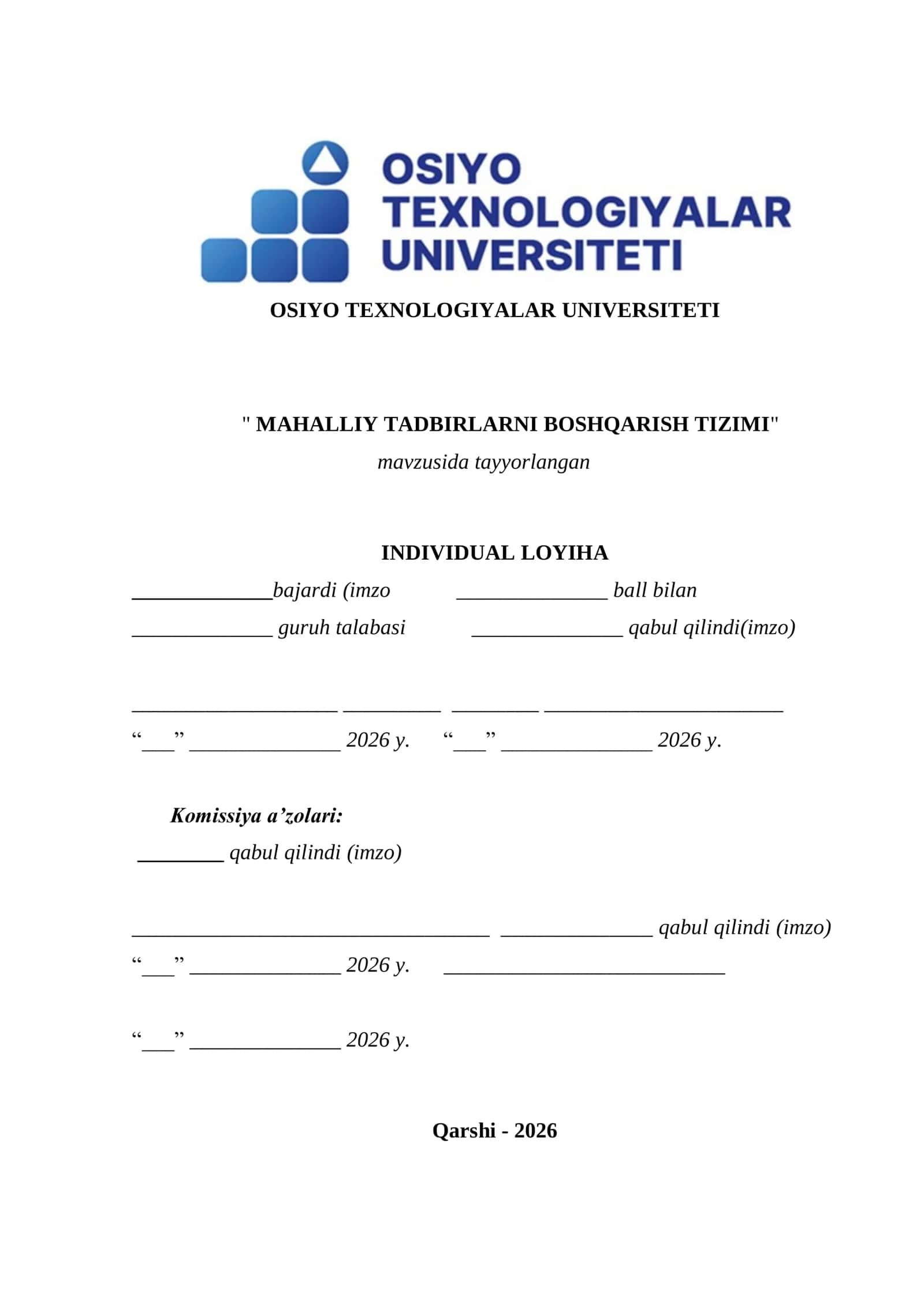 MAHALLIY TADBIRLARNI BOSHQARISH TIZIMI