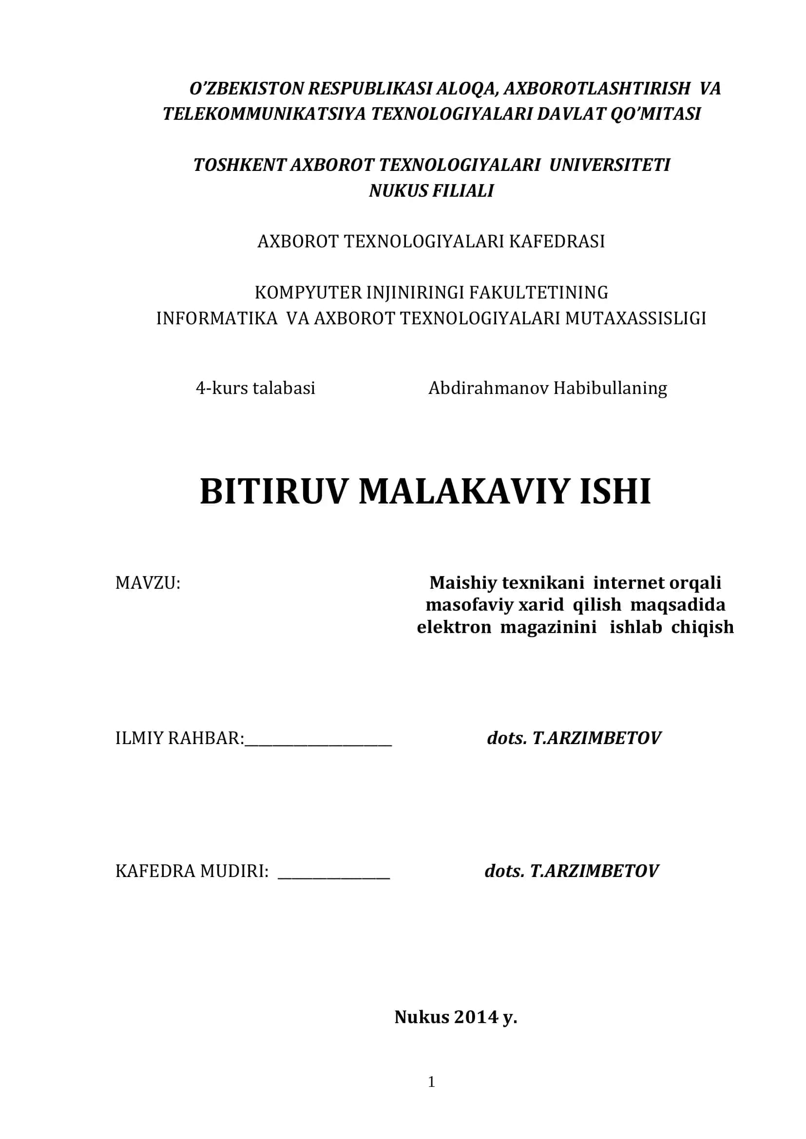 Maishiy texnikani internet orqali masofaviy xarid qilish maqsadida
