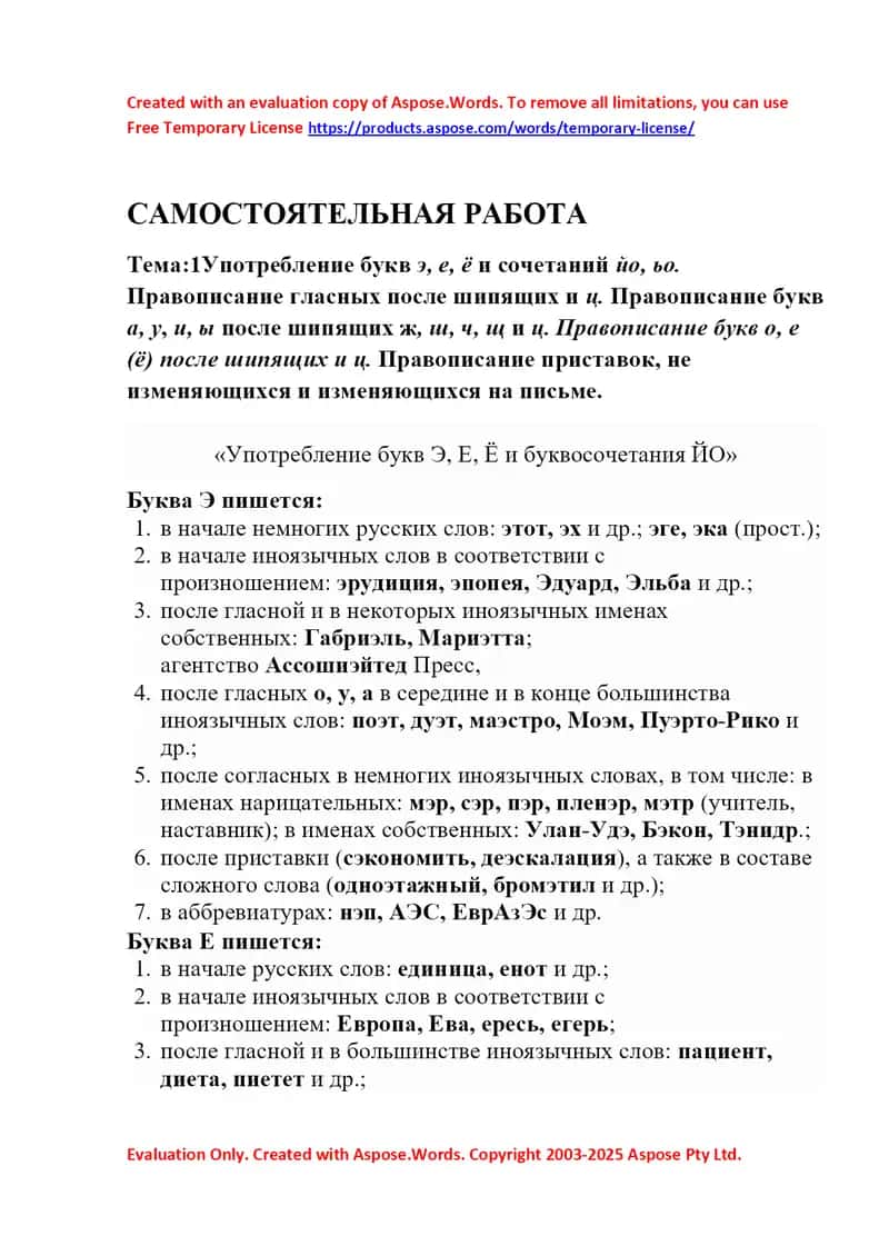 Самостоятельная работа по русскому языку: употребление букв Э, Е, Ё, сочетаний ЙО, правописание гласных после шипящих и приставок