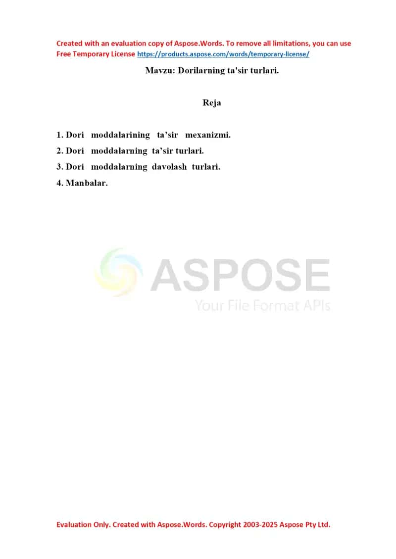 Dorilarning ta'sir turlari. Referat 6 bet.