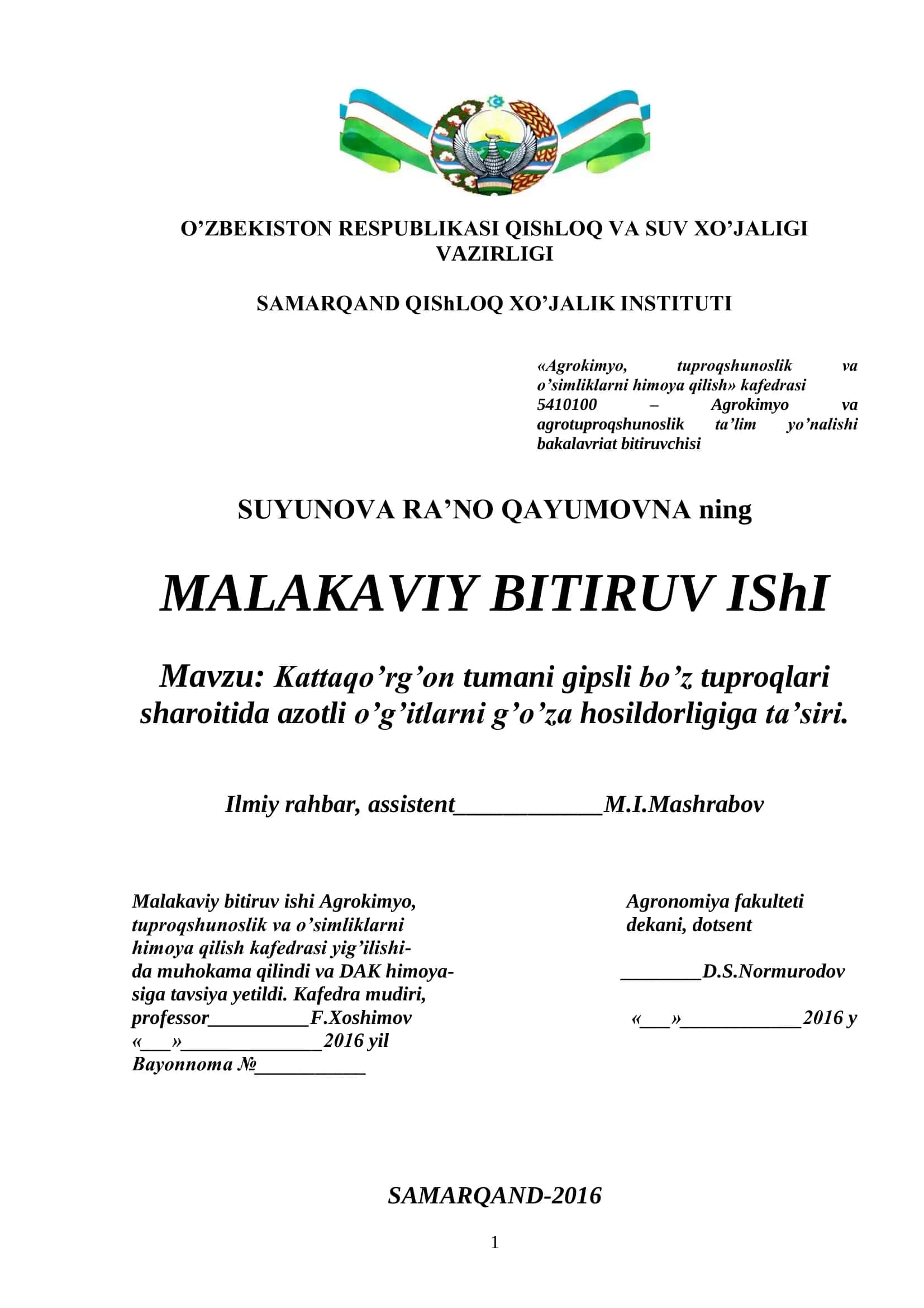 Agrokimyo, tuproqshunoslik va o’simliklarni himoya qilish
